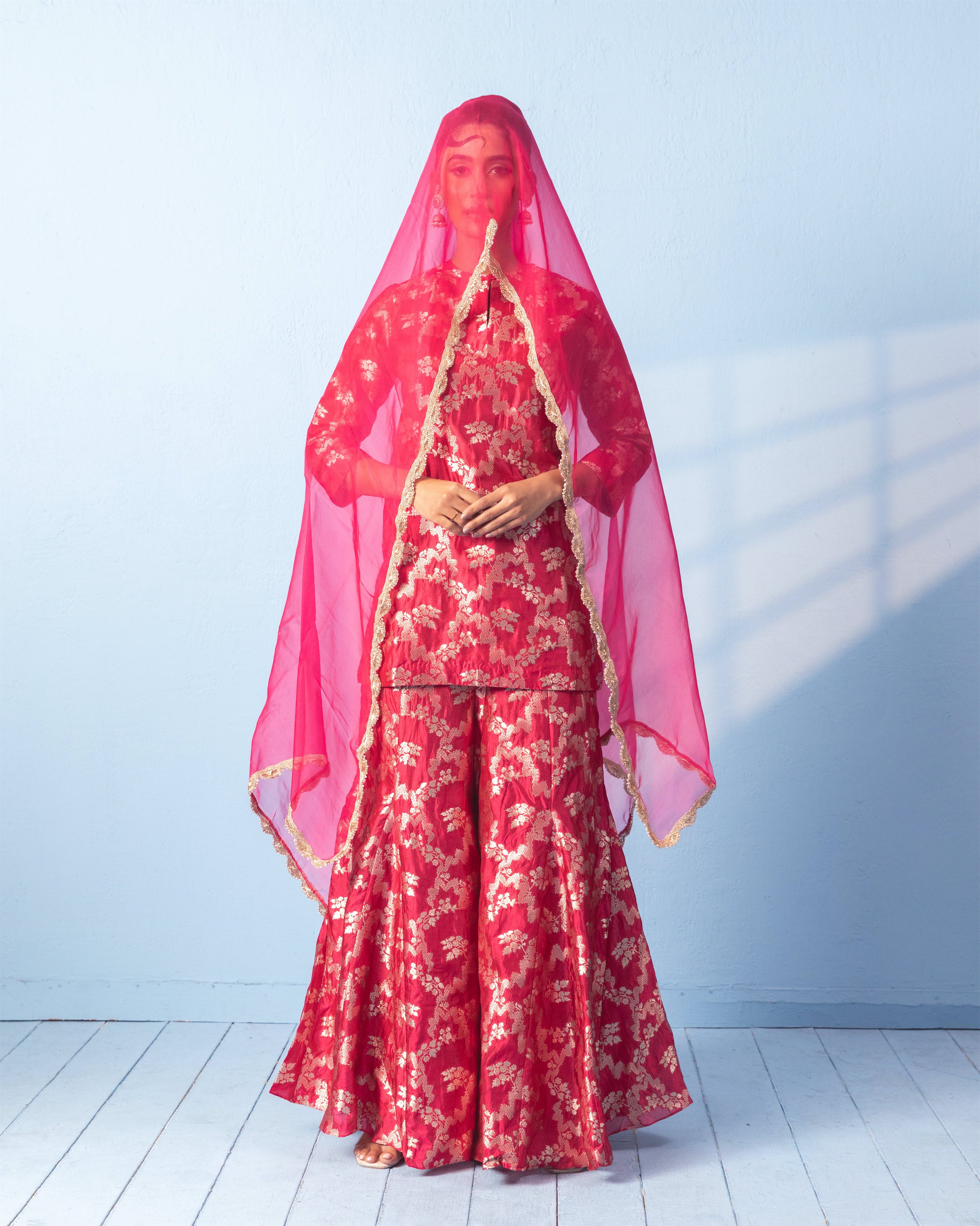 Red Banarasi Sharara Set with Organza Dupatta