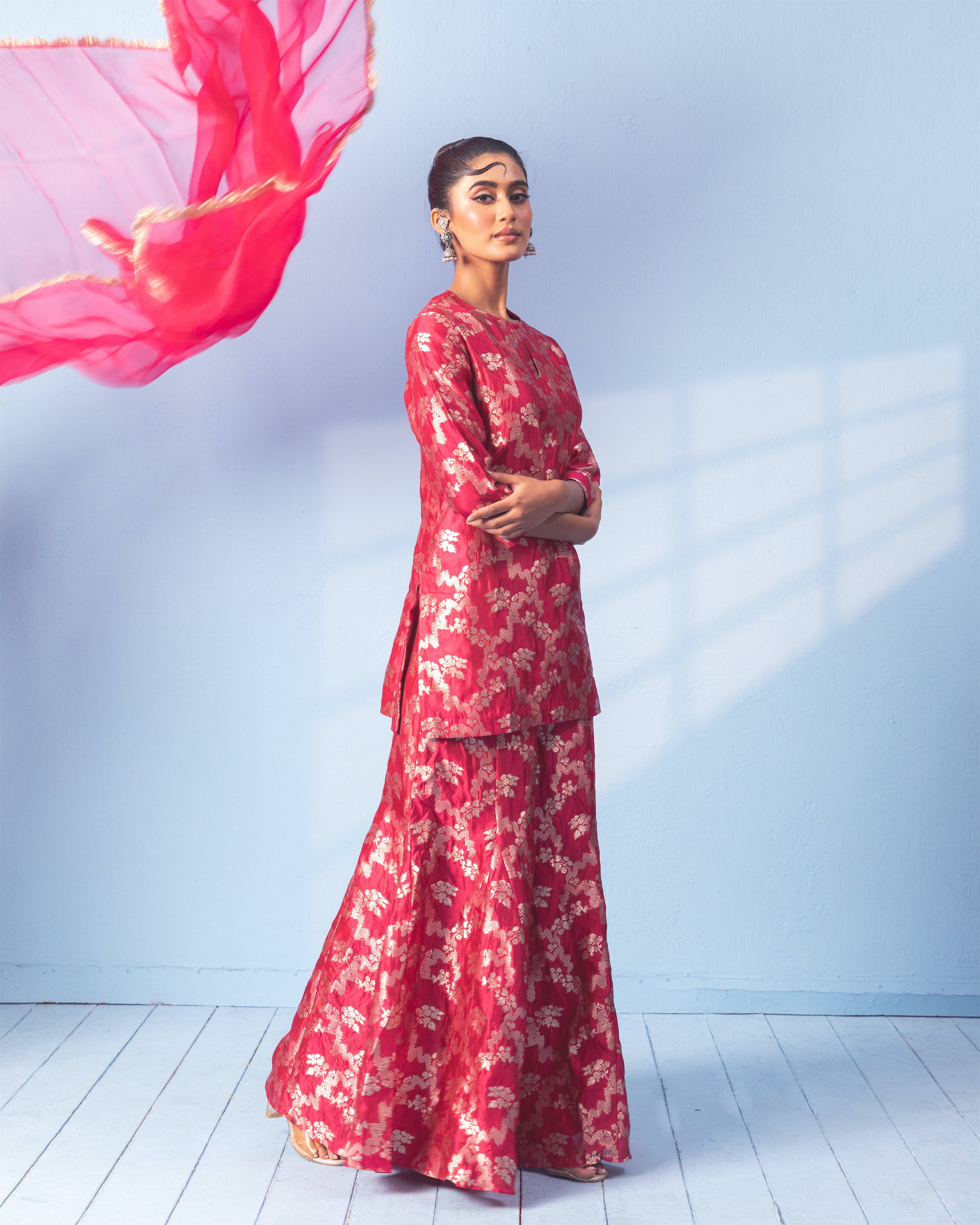Red Banarasi Sharara Set with Organza Dupatta