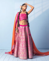 Rani Pink Banarasi Lehenga with Blouse Piece and Orange Organza Dupatta