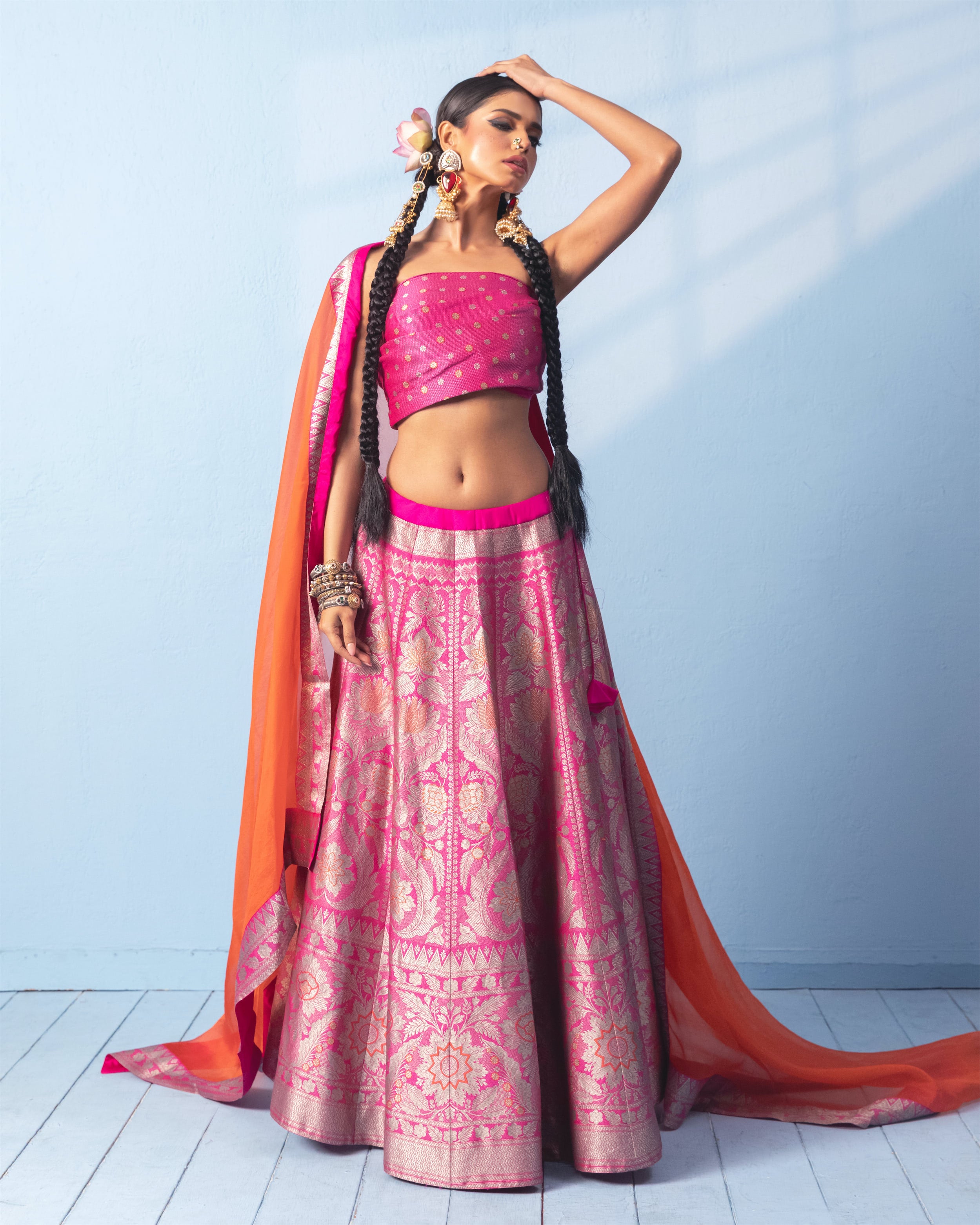 Rani Pink Banarasi Lehenga with Blouse Piece and Orange Organza Dupatta
