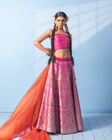 Rani Pink Banarasi Lehenga with Blouse Piece and Orange Organza Dupatta