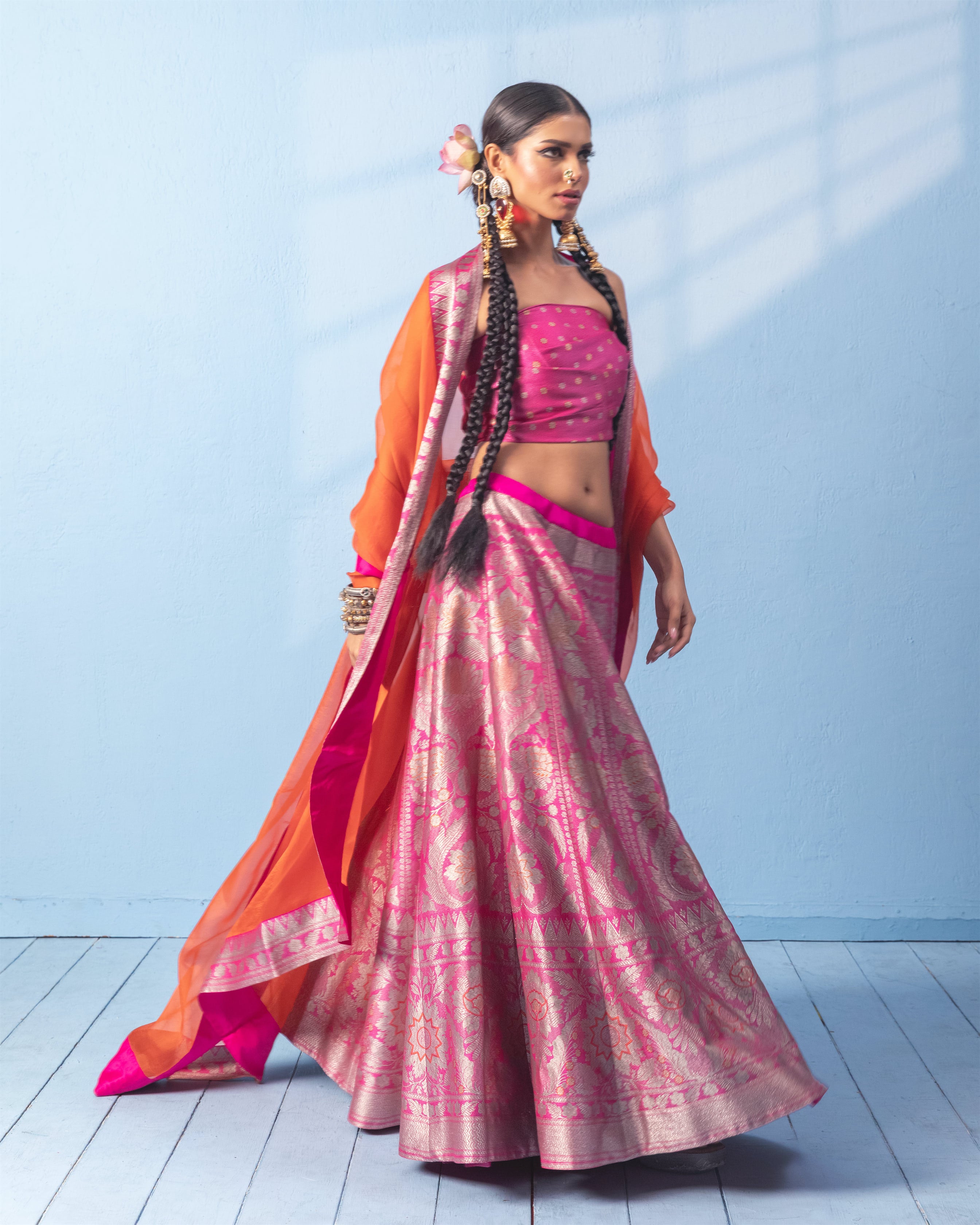 Rani Pink Banarasi Lehenga with Blouse Piece and Orange Organza Dupatta