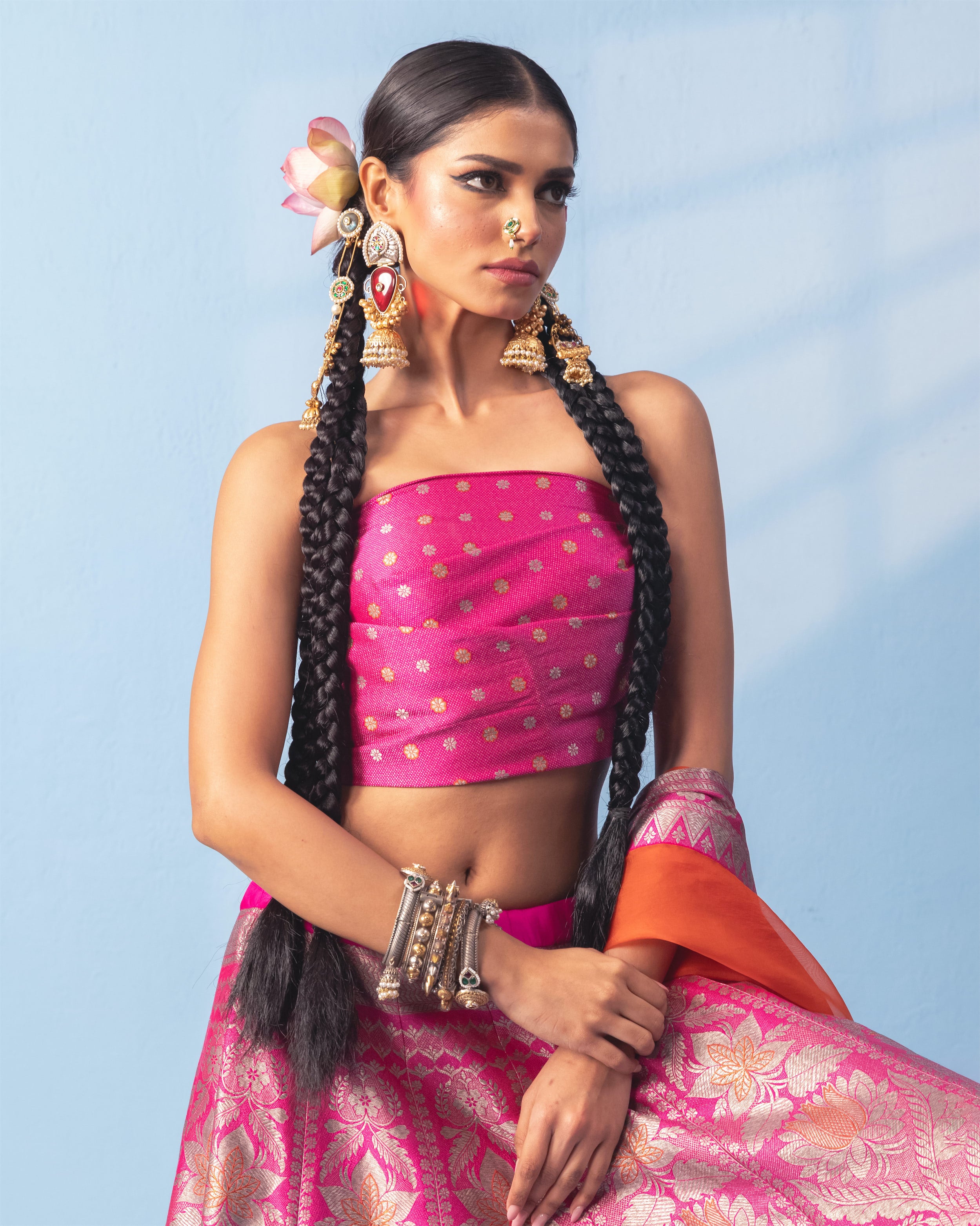 Rani Pink Banarasi Lehenga with Blouse Piece and Orange Organza Dupatta