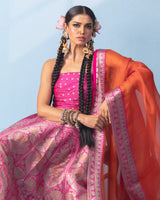 Rani Pink Banarasi Lehenga with Blouse Piece and Orange Organza Dupatta