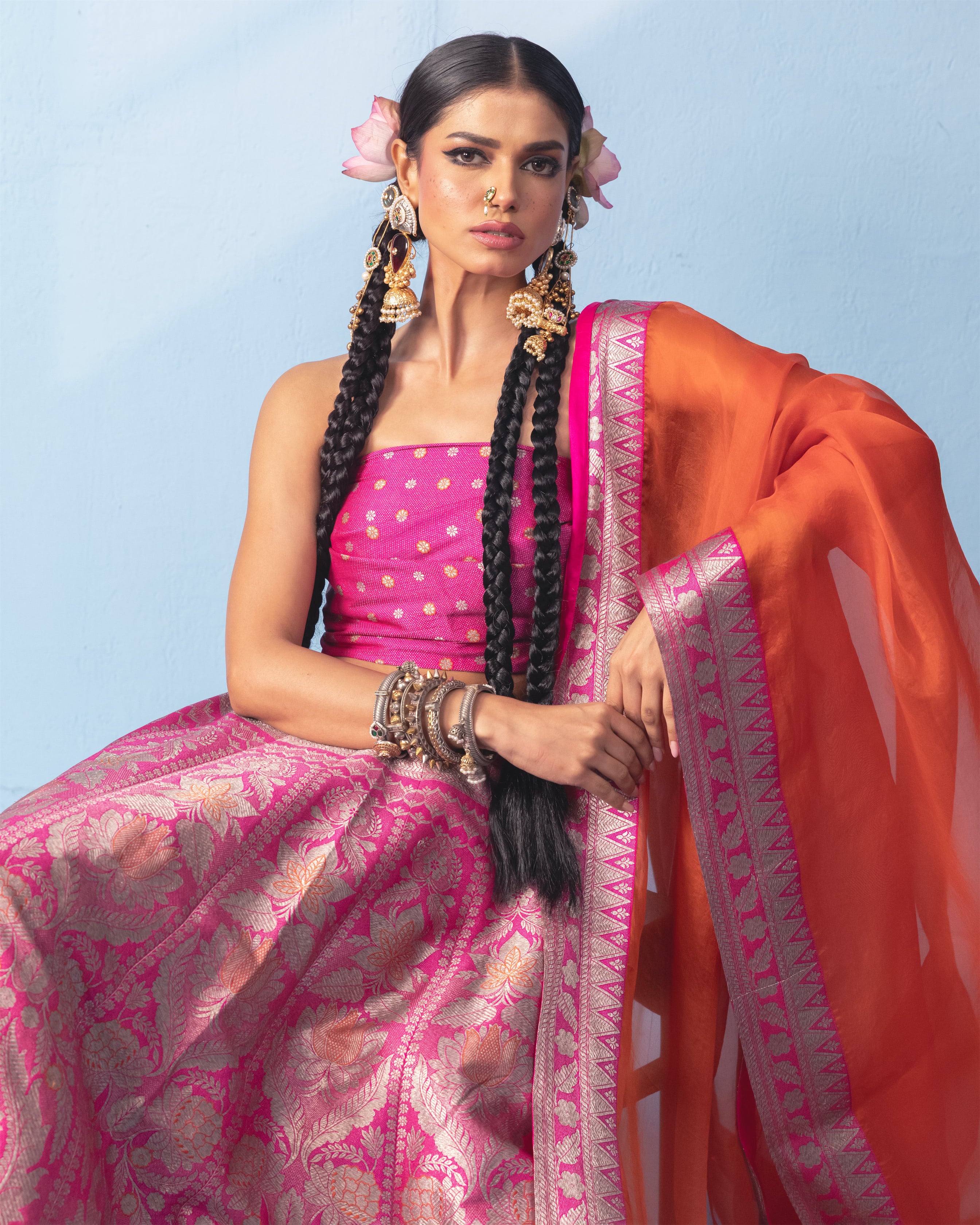 Rani Pink Banarasi Lehenga with Blouse Piece and Orange Organza Dupatta