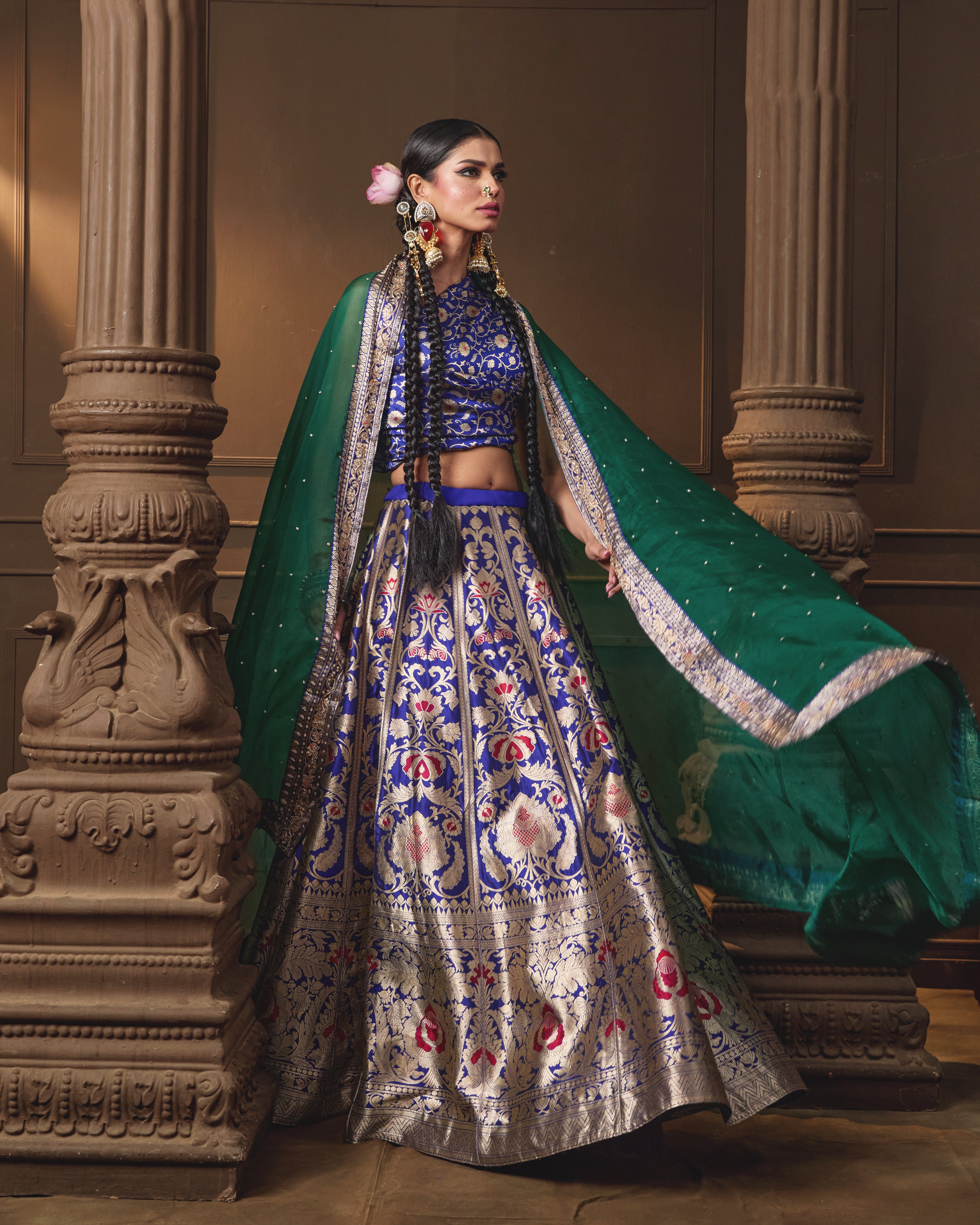 Blue Banarasi Silk Lehenga with Emerald Green Organza Dupatta & Hand Zardosi Work | Jaal Blouse