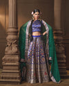 Blue Banarasi Silk Lehenga with Emerald Green Organza Dupatta & Hand Zardosi Work | Jaal Blouse