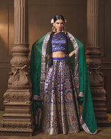 Blue Banarasi Silk Lehenga with Emerald Green Organza Dupatta & Hand Zardosi Work | Jaal Blouse