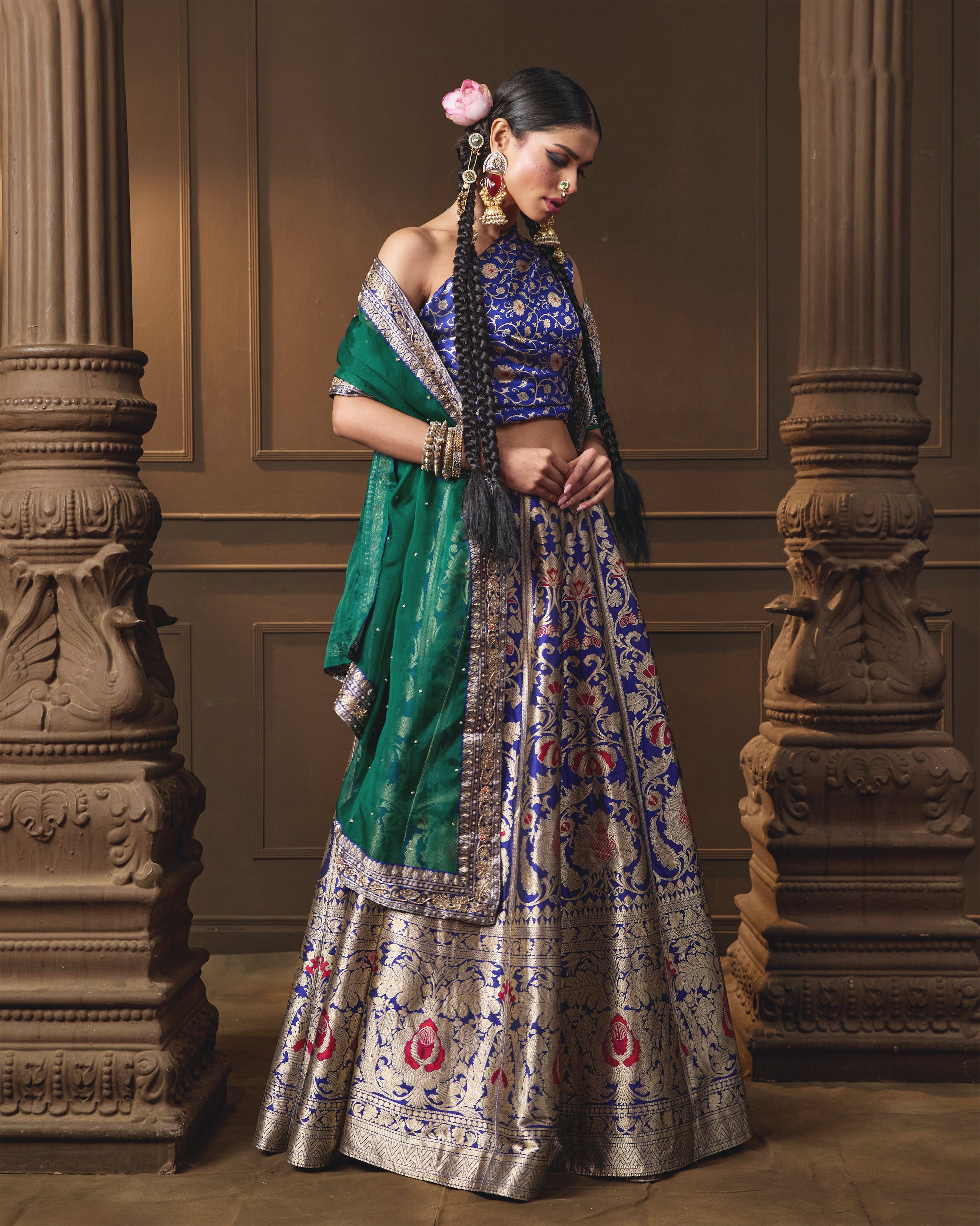 Blue Banarasi Silk Lehenga with Emerald Green Organza Dupatta & Hand Zardosi Work | Jaal Blouse