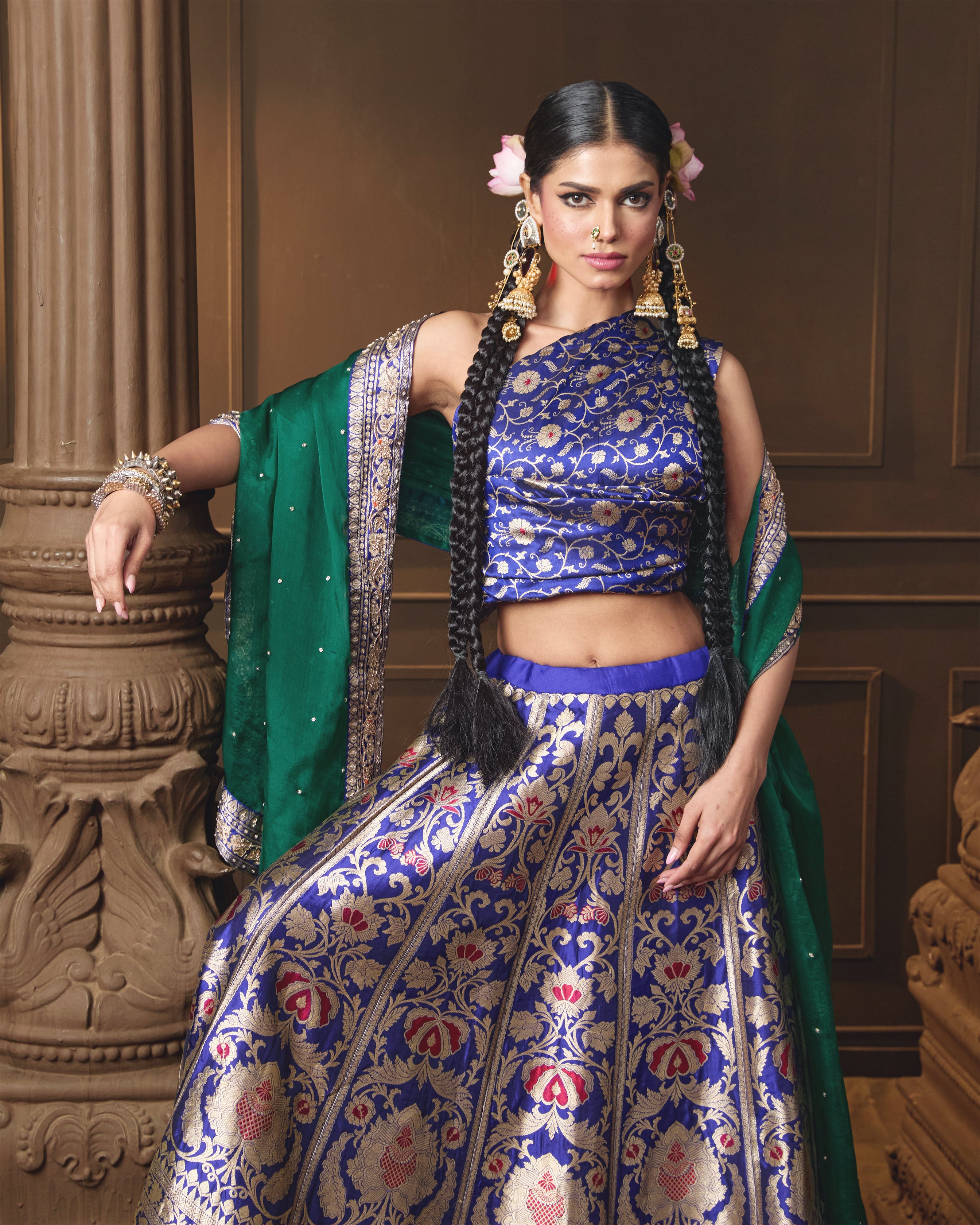 Blue Banarasi Silk Lehenga with Emerald Green Organza Dupatta & Hand Zardosi Work | Jaal Blouse