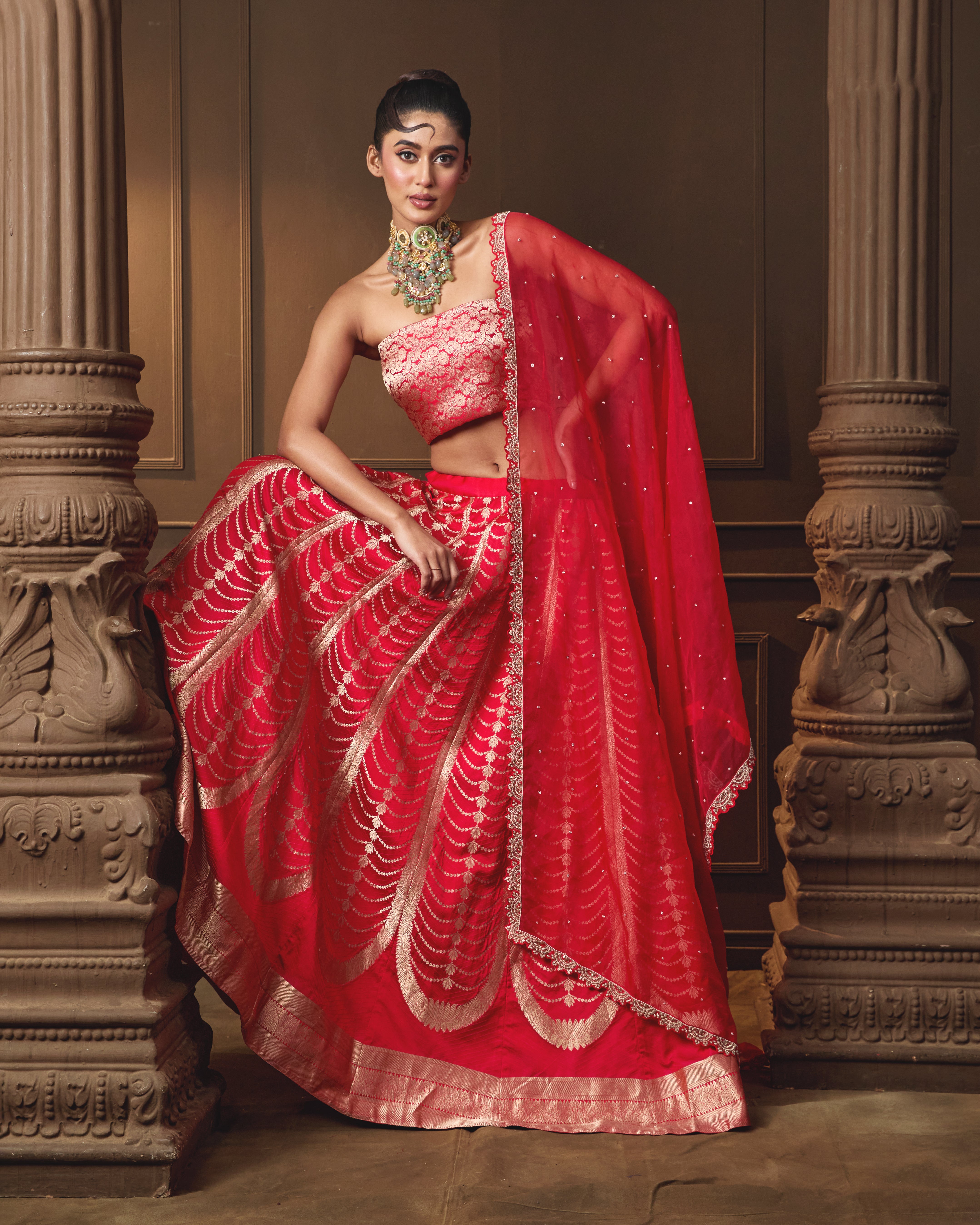Red Banarasi Lehenga with Jaal Blouse & Hand Zardosi Organza Dupatta