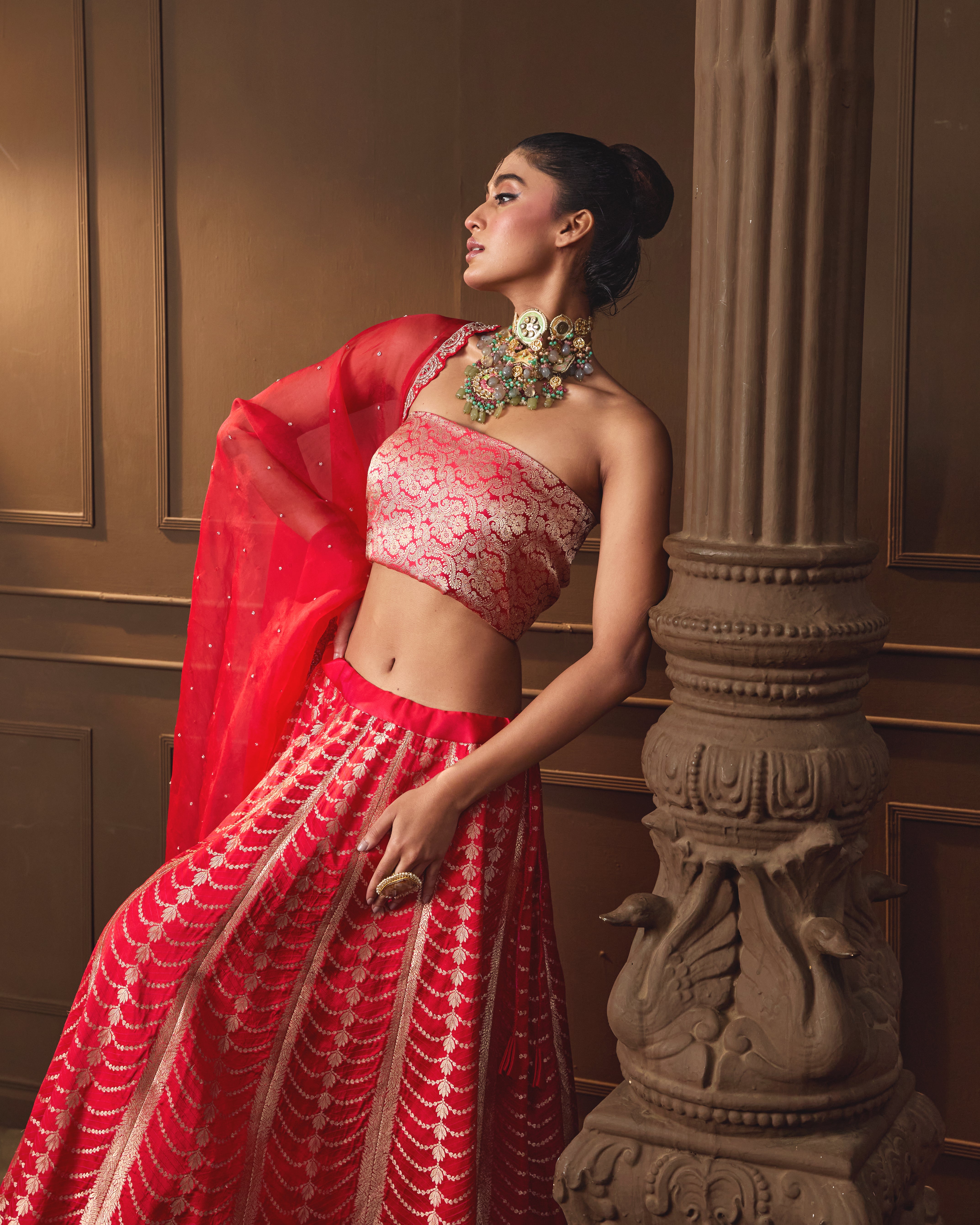 Red Banarasi Lehenga with Jaal Blouse & Hand Zardosi Organza Dupatta