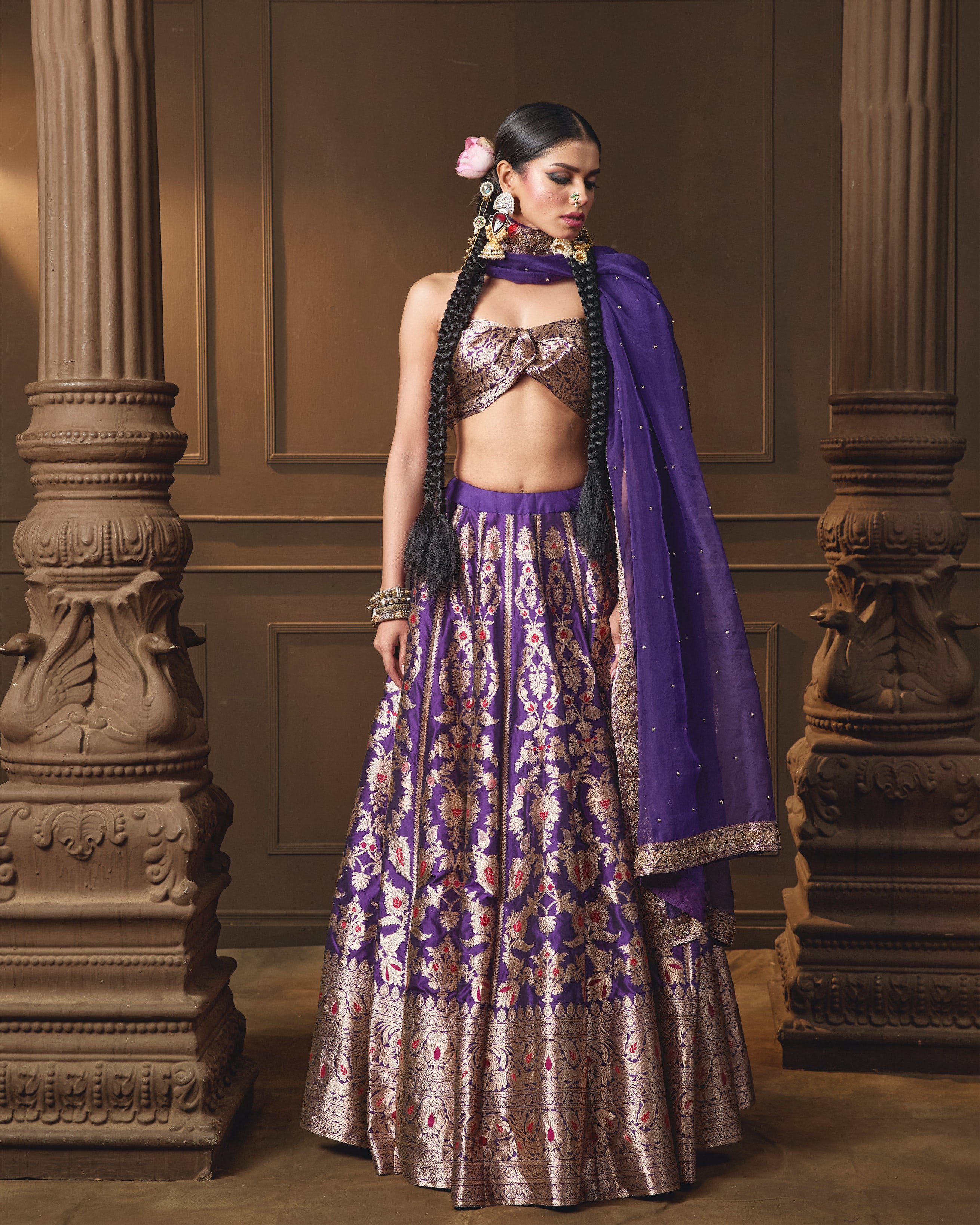 Purple Silk Lehenga with Red Meenakari, Jaal Blouse & Zardosi Organza Dupatta