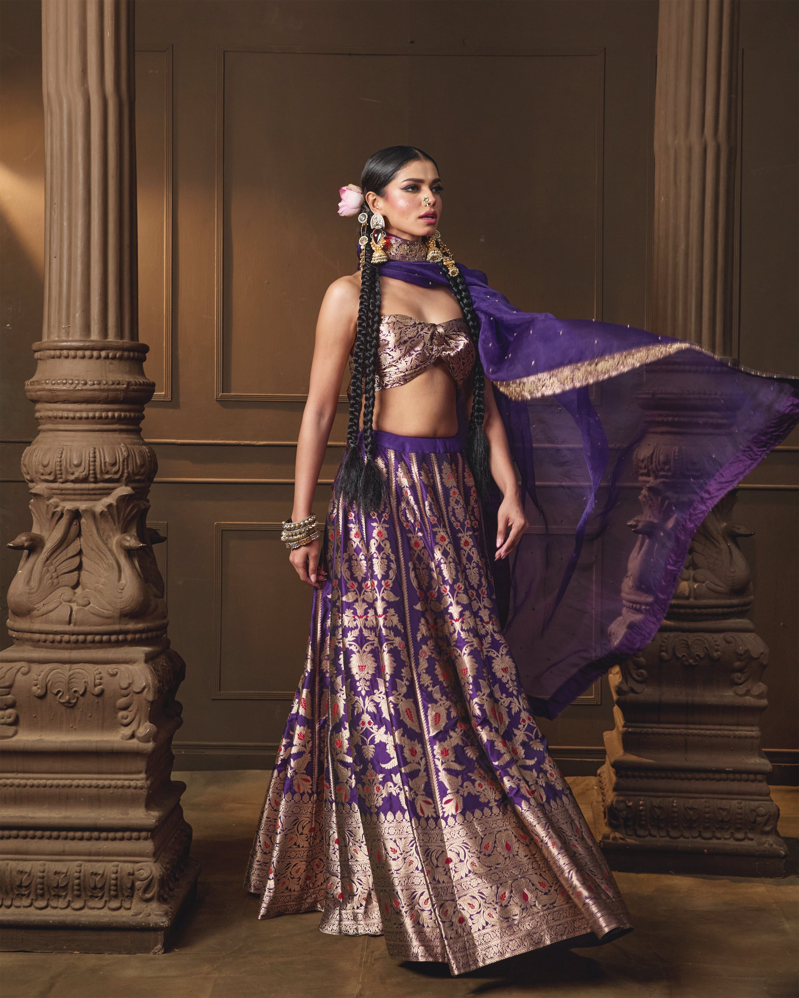 Purple Silk Lehenga with Red Meenakari, Jaal Blouse & Zardosi Organza Dupatta