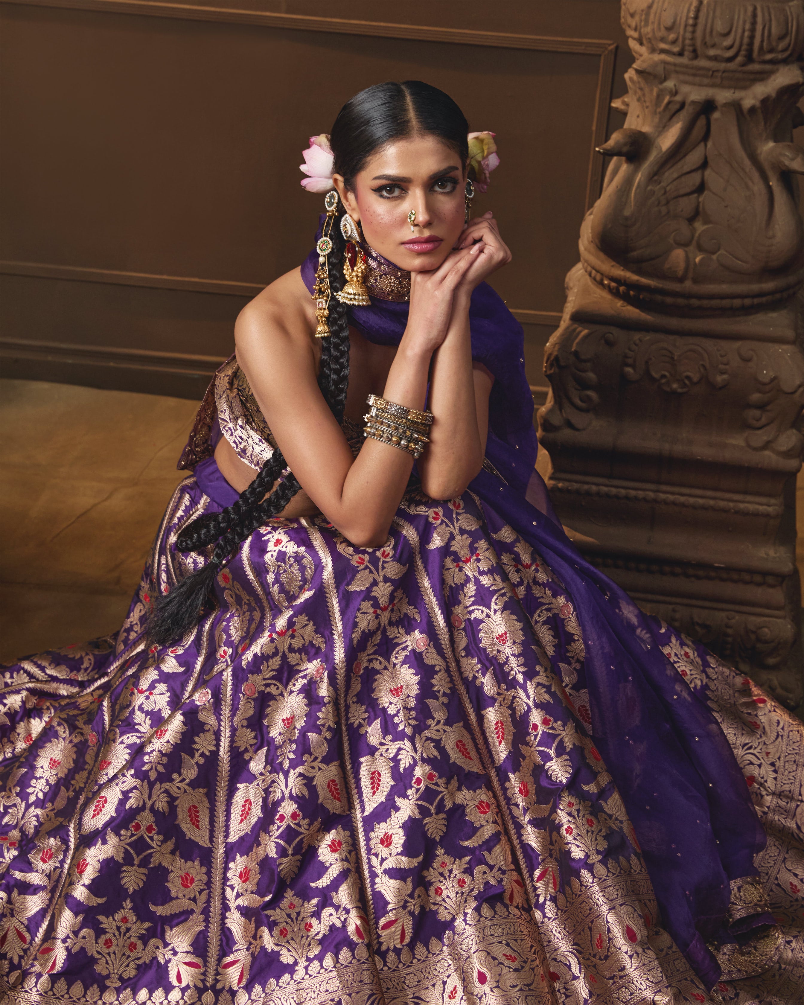 Purple Silk Lehenga with Red Meenakari, Jaal Blouse & Zardosi Organza Dupatta
