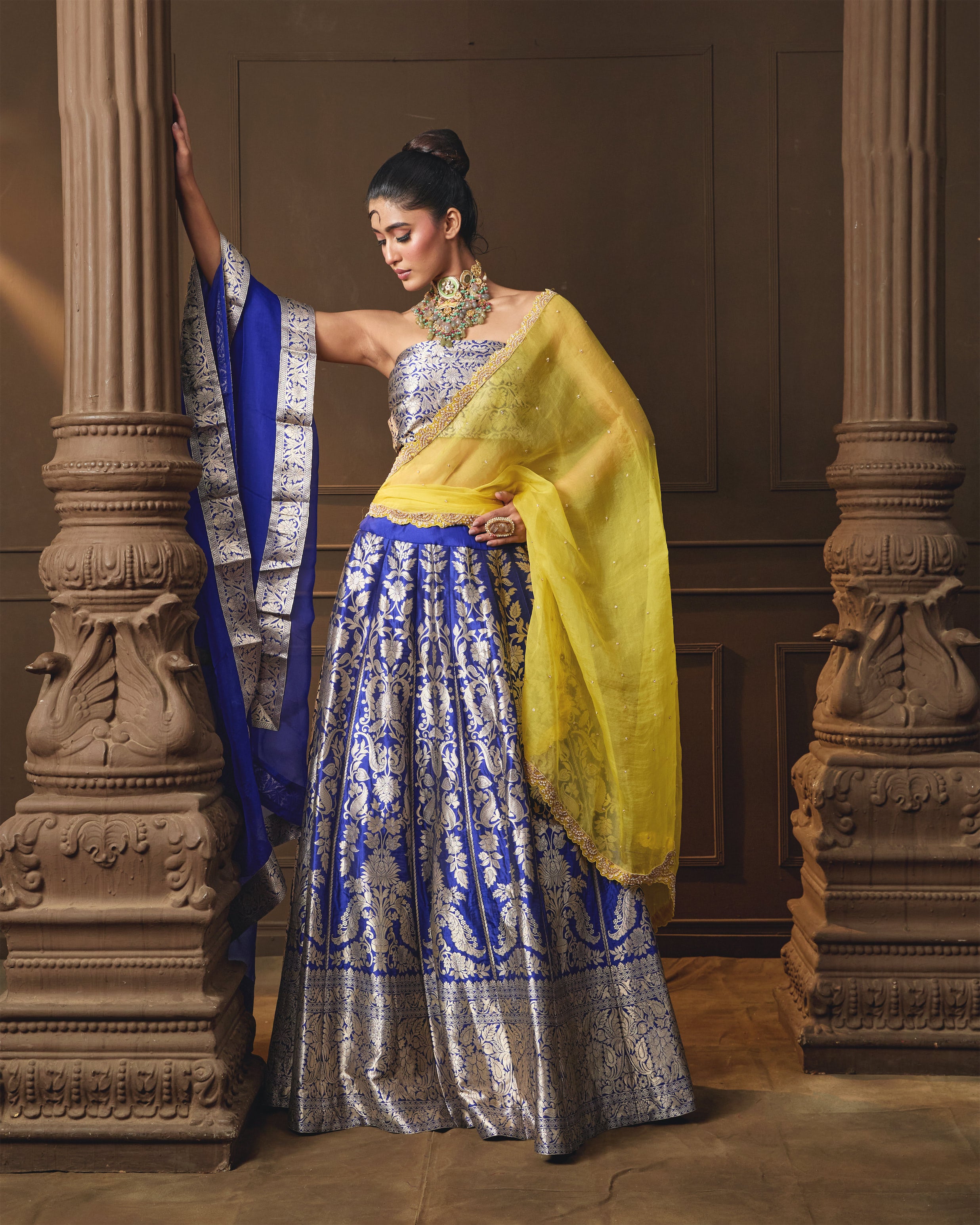 Blue Banarsi Silk Lehenga with Jaal Blouse & Double Dupatta