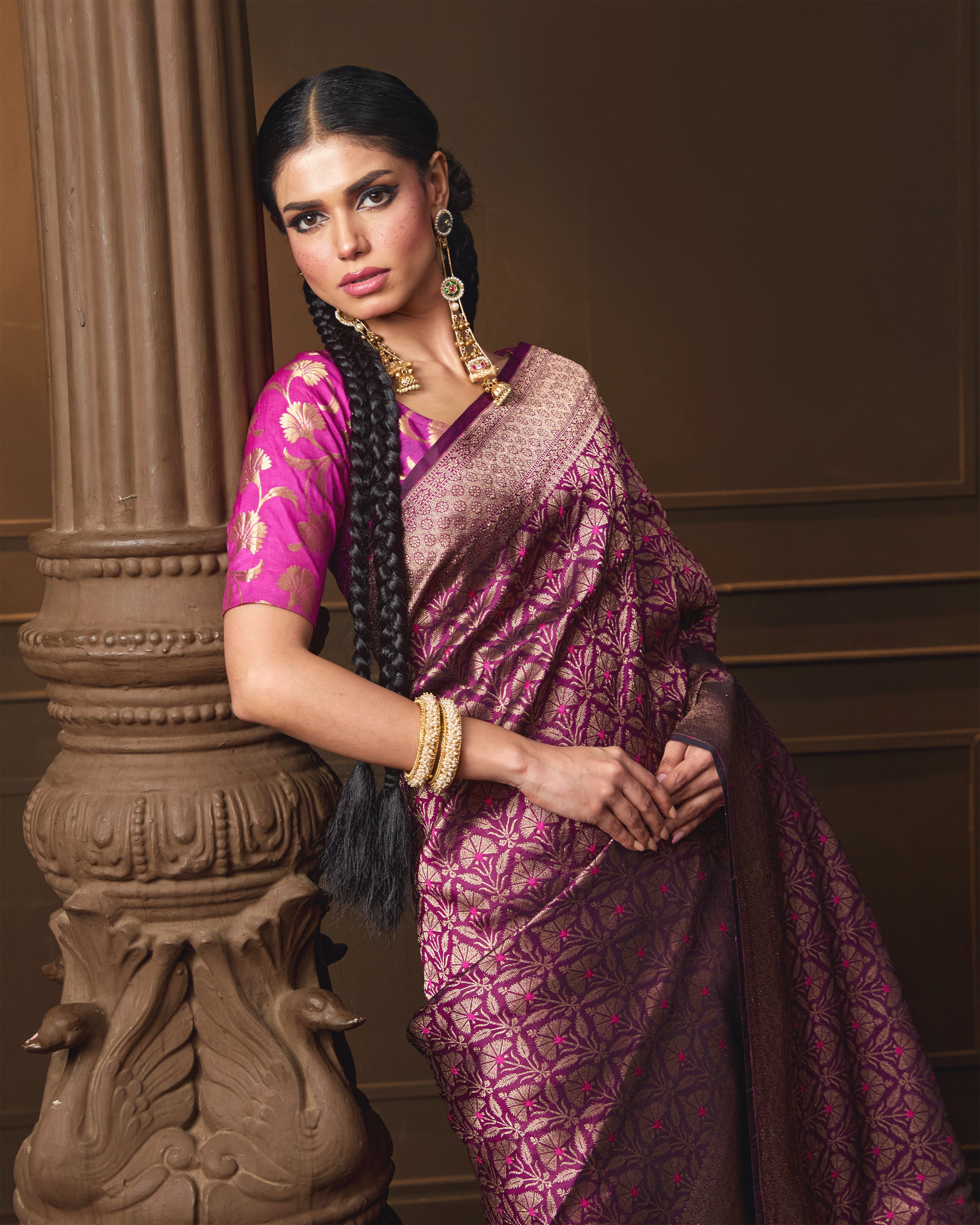Purple Brocade Silk Meenakari Saree