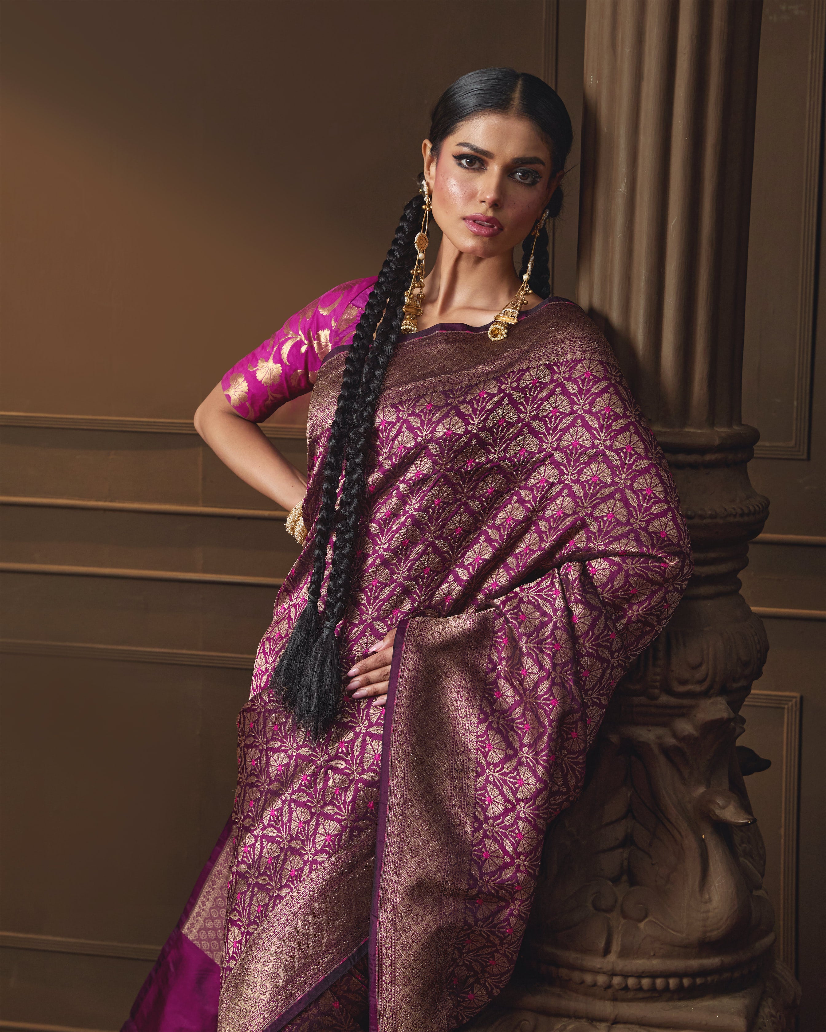 Purple Brocade Silk Meenakari Saree