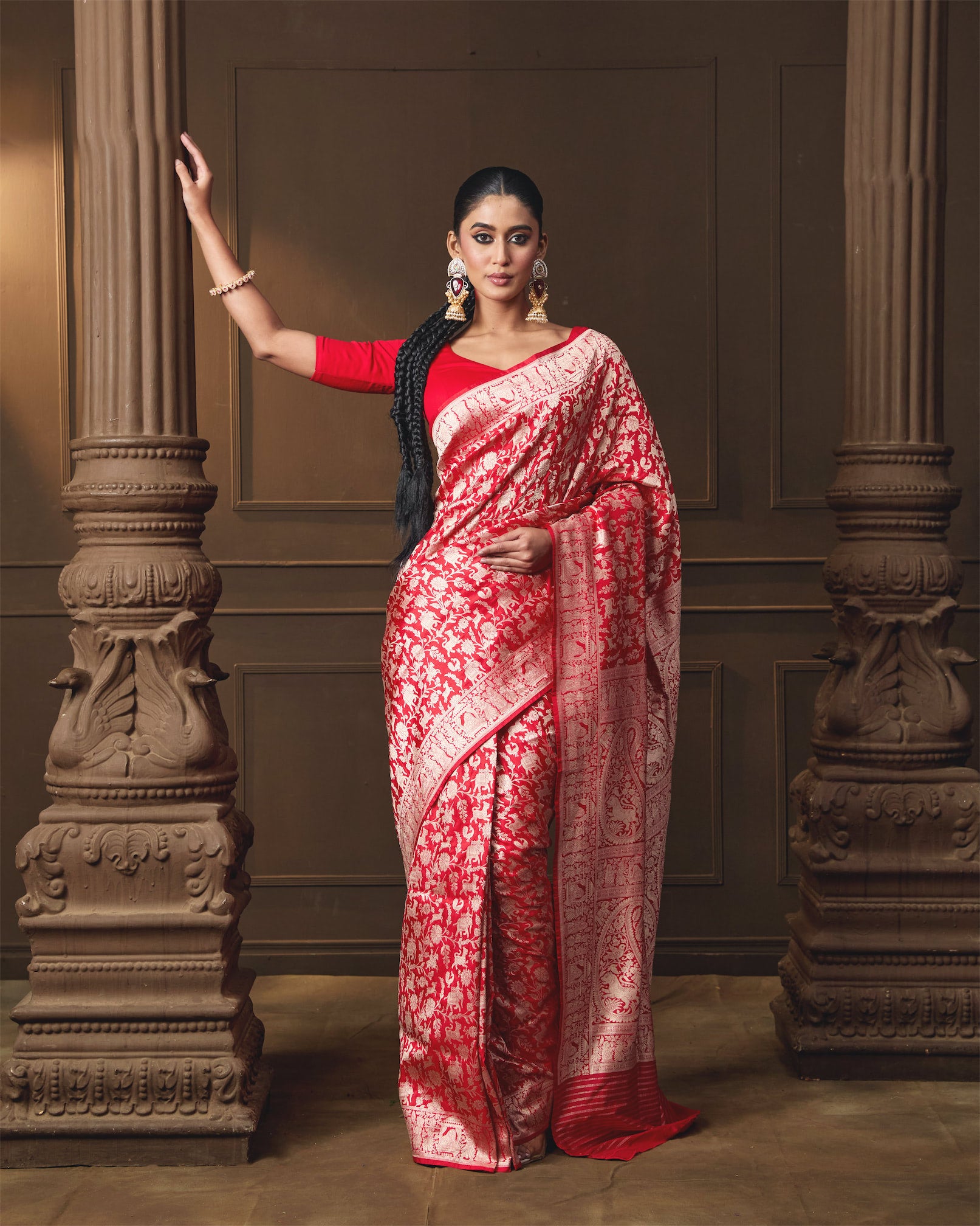 Red Banarasi Silk Shikargah Saree with Running Blouse