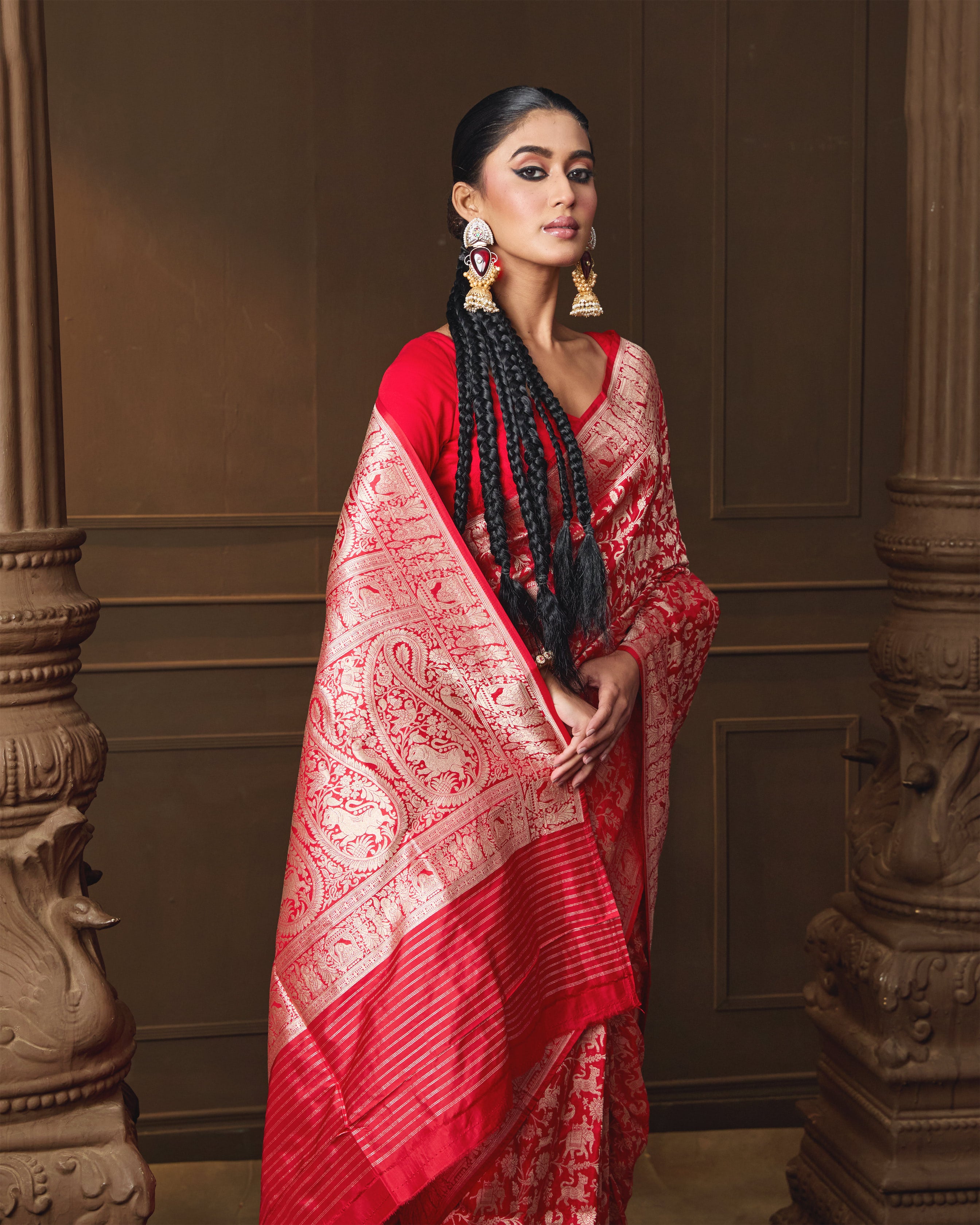 Red Banarasi Silk Shikargah Saree with Running Blouse