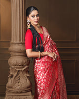 Red Banarasi Silk Shikargah Saree with Running Blouse
