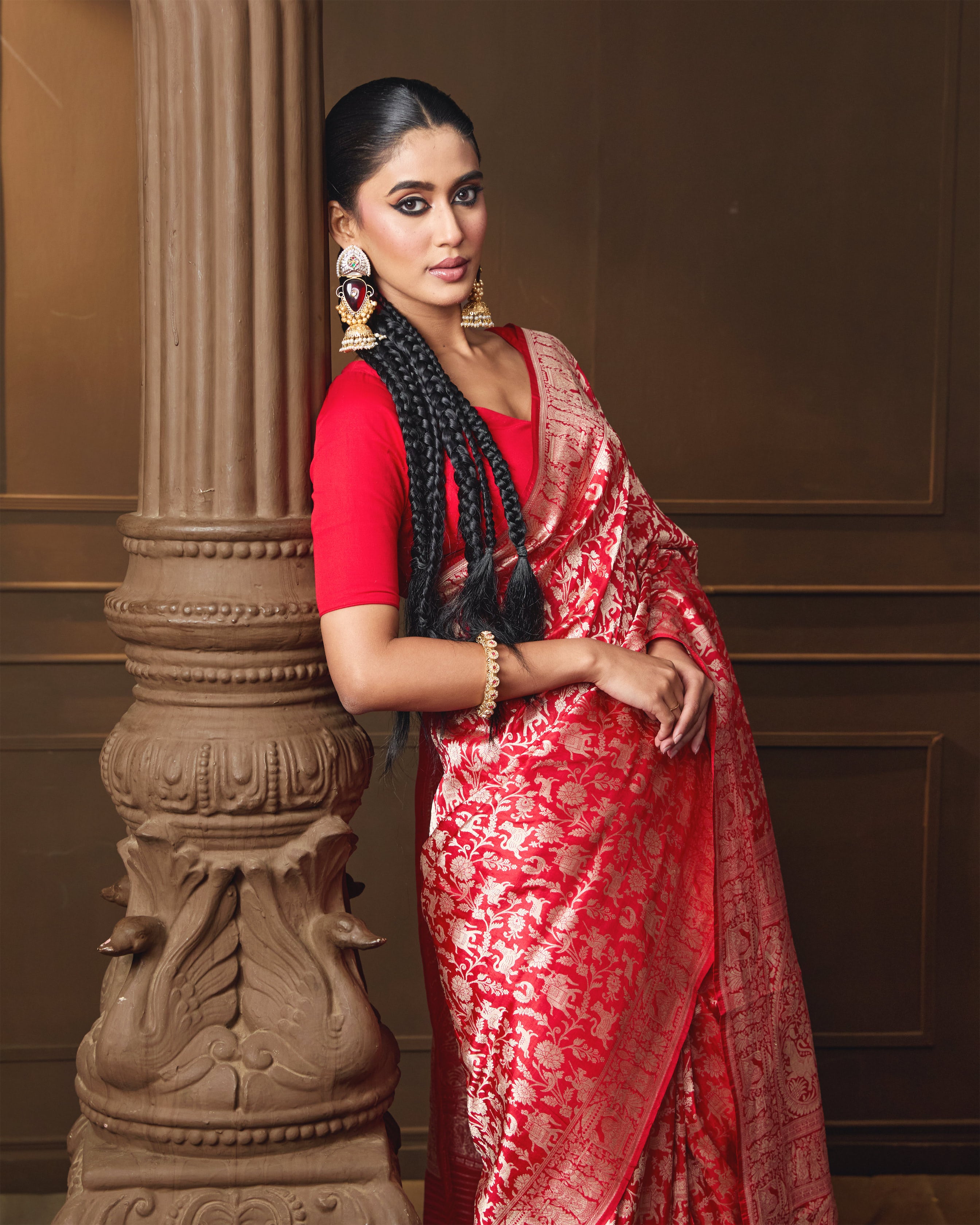 Red Banarasi Silk Shikargah Saree with Running Blouse