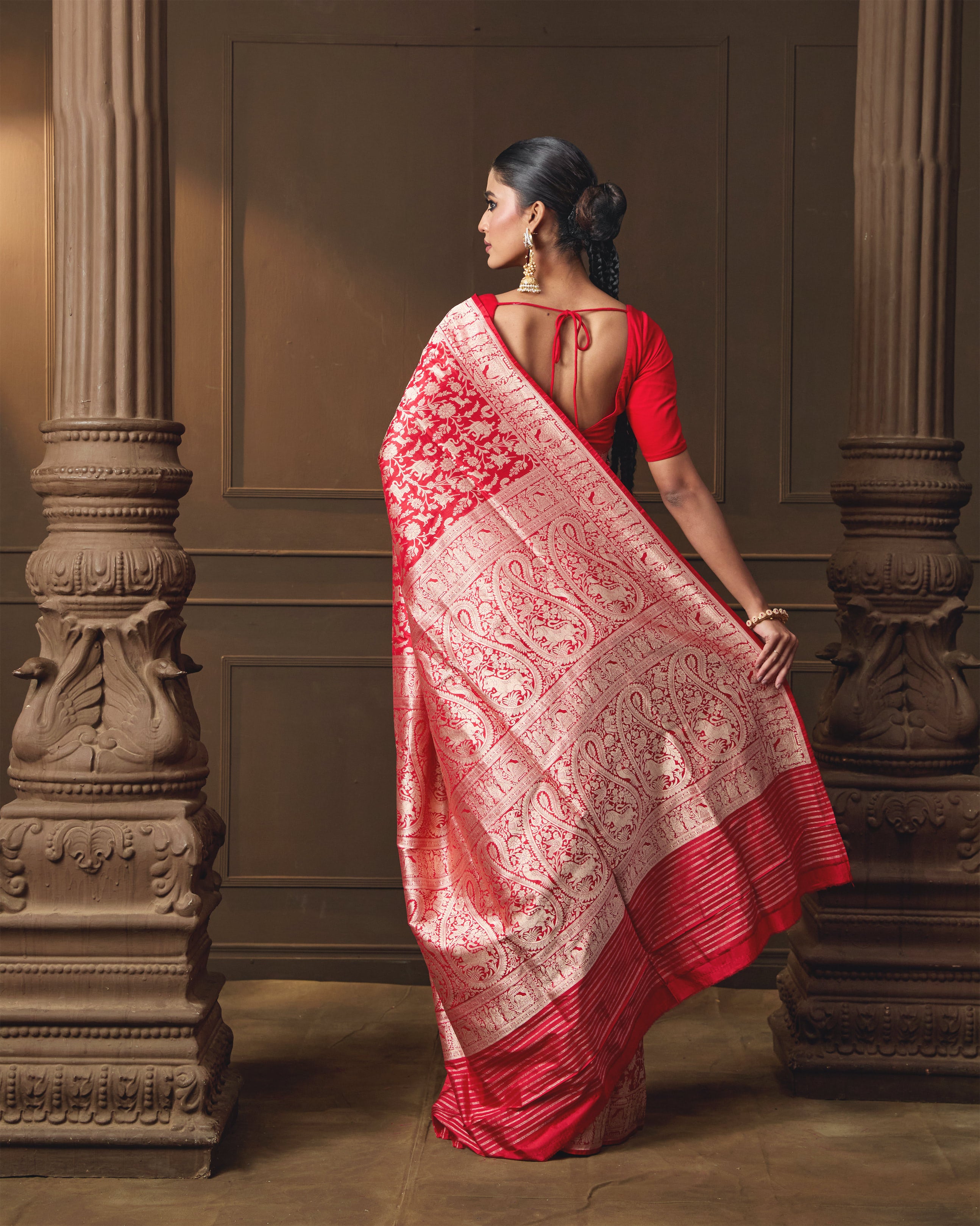 Red Banarasi Silk Shikargah Saree with Running Blouse