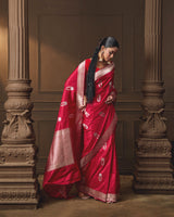 Red Banarasi Silk Kadua Saree with Silver & Gold Zari Motifs