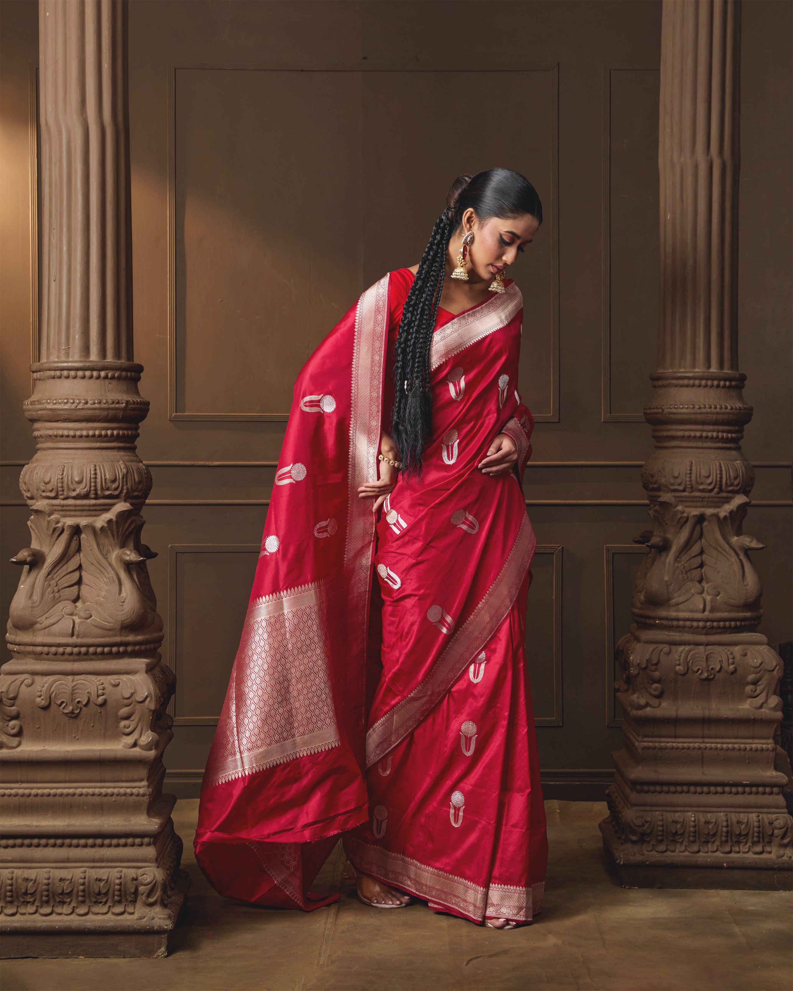 Red Banarasi Silk Kadua Saree with Silver & Gold Zari Motifs