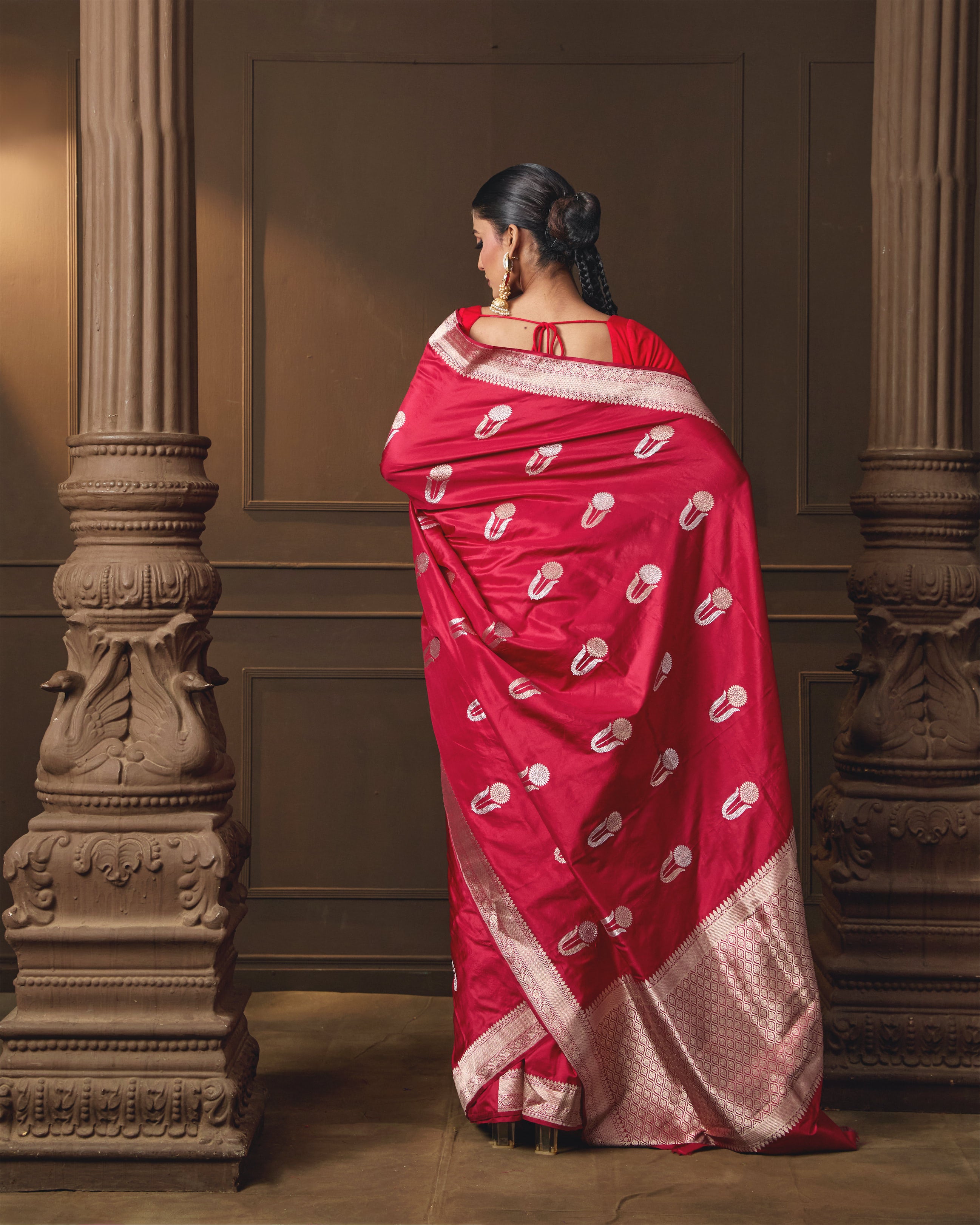 Red Banarasi Silk Kadua Saree with Silver & Gold Zari Motifs