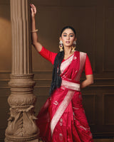Red Banarasi Silk Kadua Saree with Silver & Gold Zari Motifs