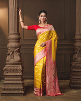 Yellow Banarasi Silk Saree with Contrast Red Border & Rangkaat Palla