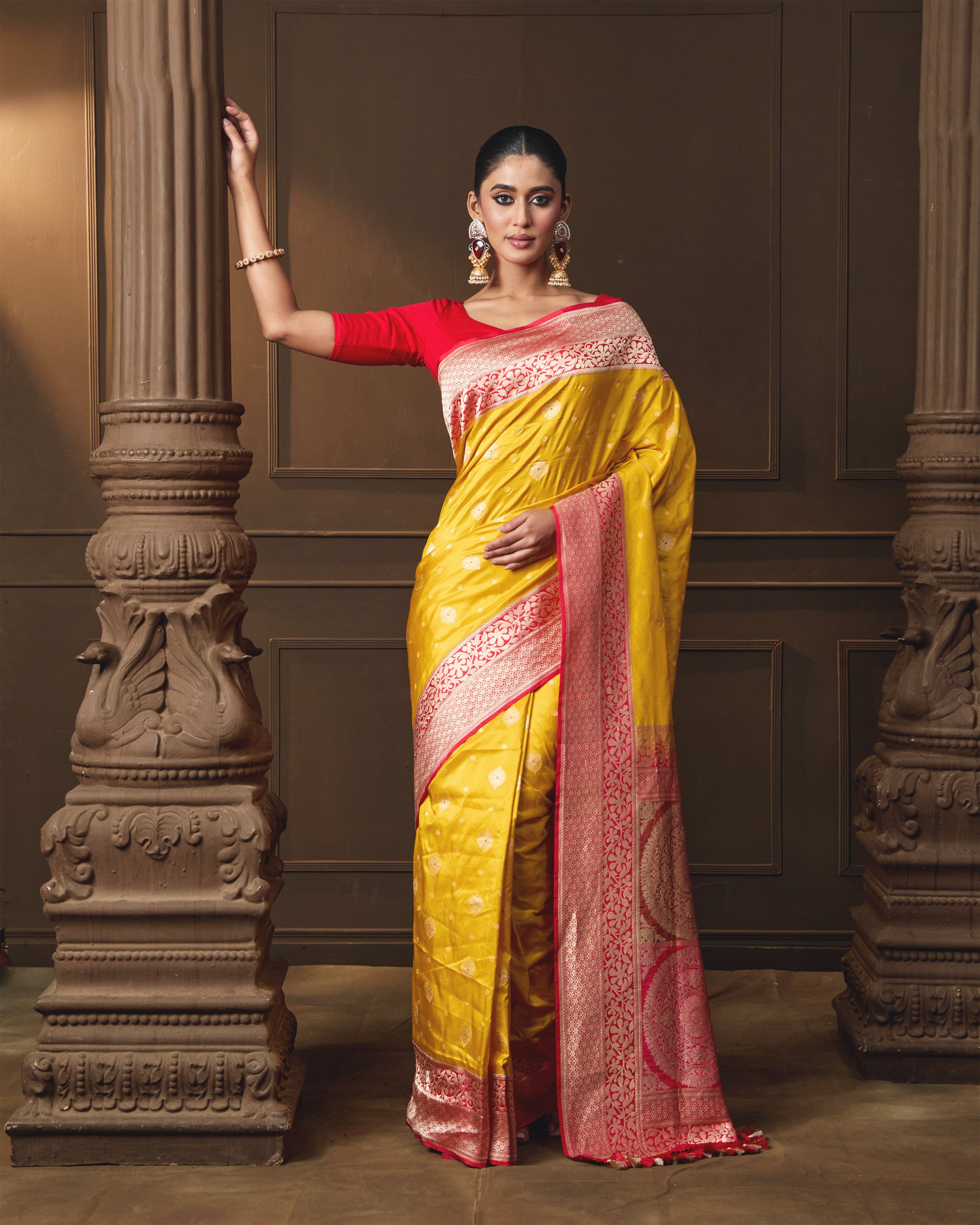 Yellow Banarasi Silk Saree with Contrast Red Border & Rangkaat Palla
