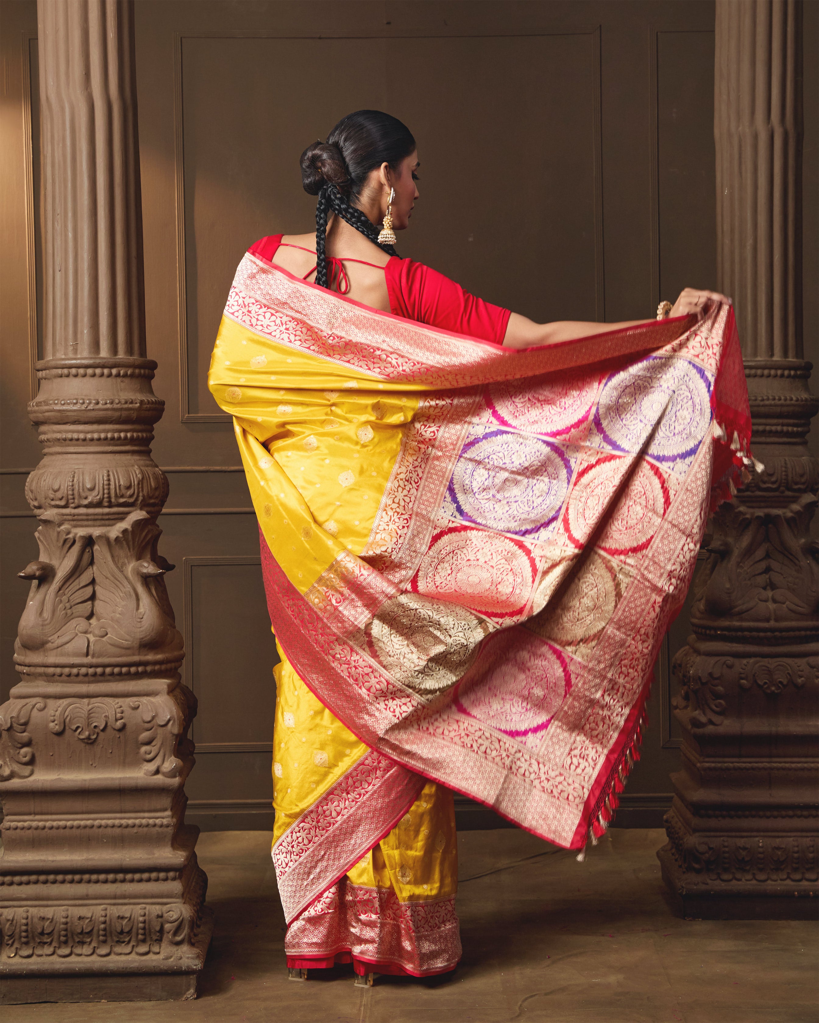 Yellow Banarasi Silk Saree with Contrast Red Border & Rangkaat Palla