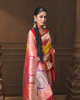 Yellow Banarasi Silk Saree with Contrast Red Border & Rangkaat Palla