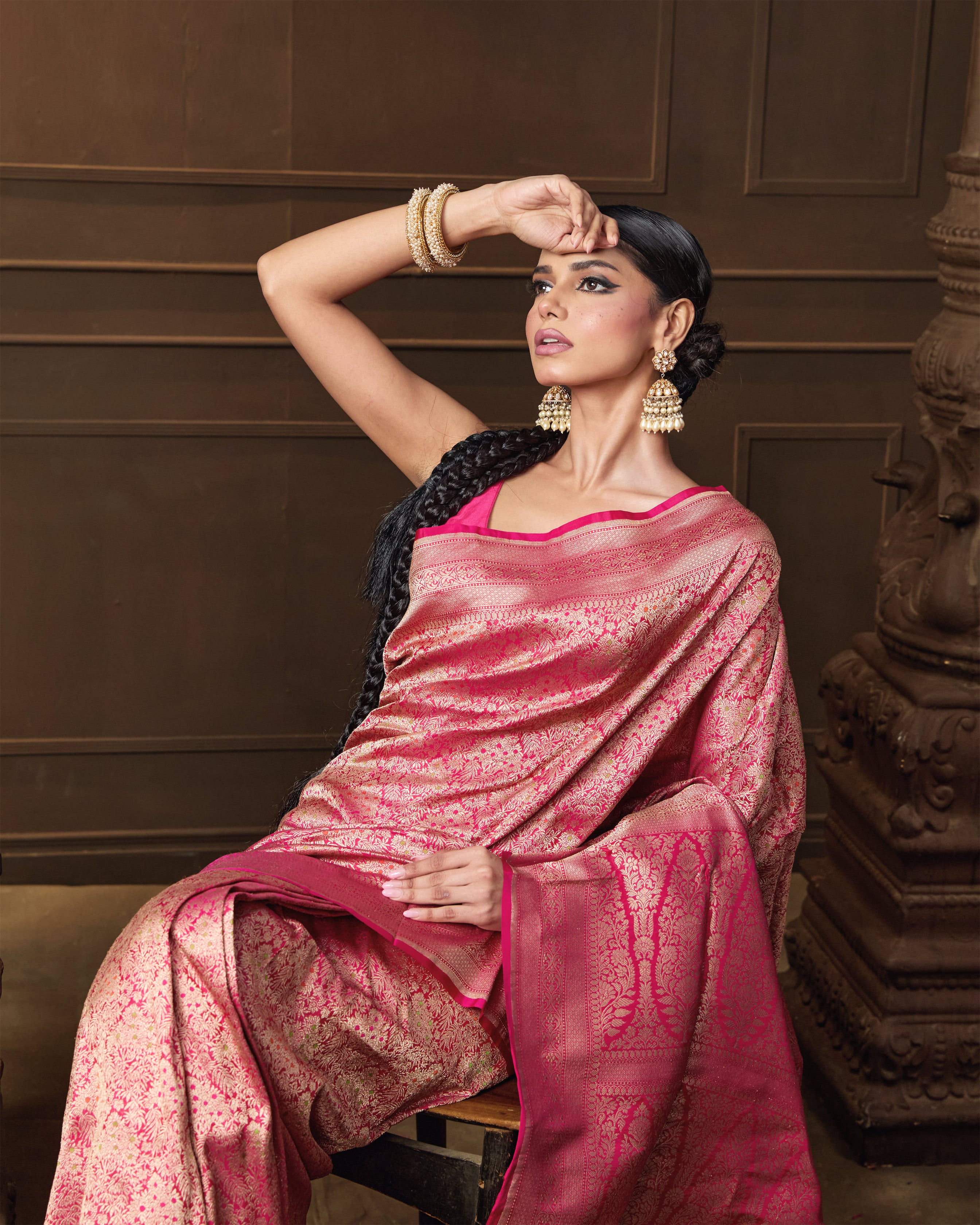 Pink Banarasi Silk Saree with Meenakari