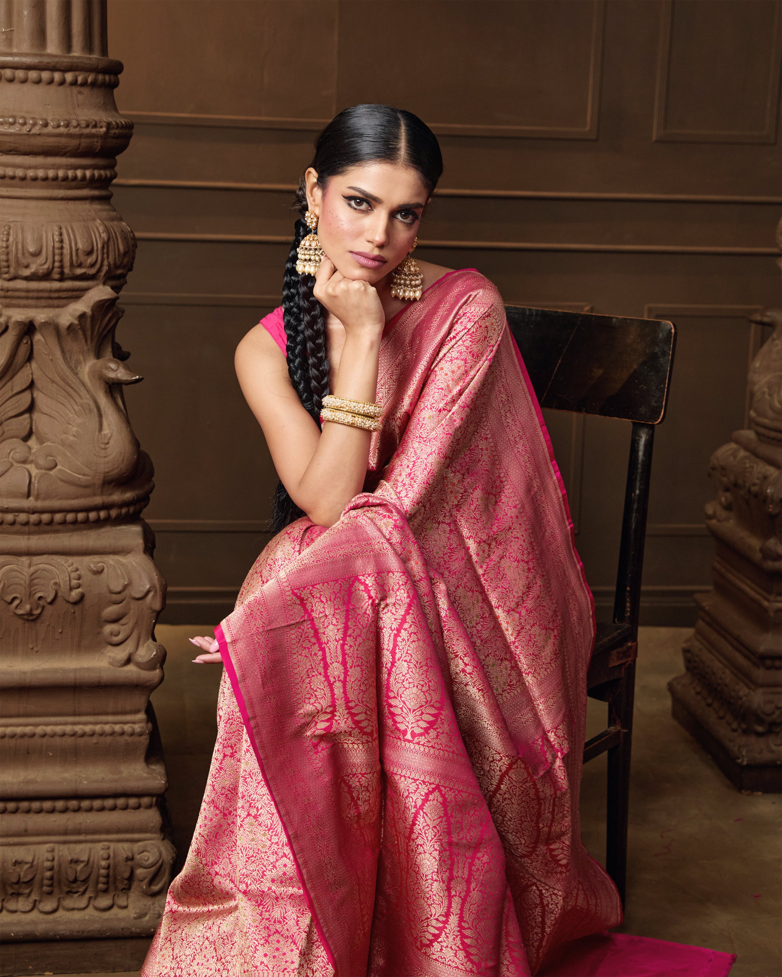 Pink Banarasi Silk Saree with Meenakari