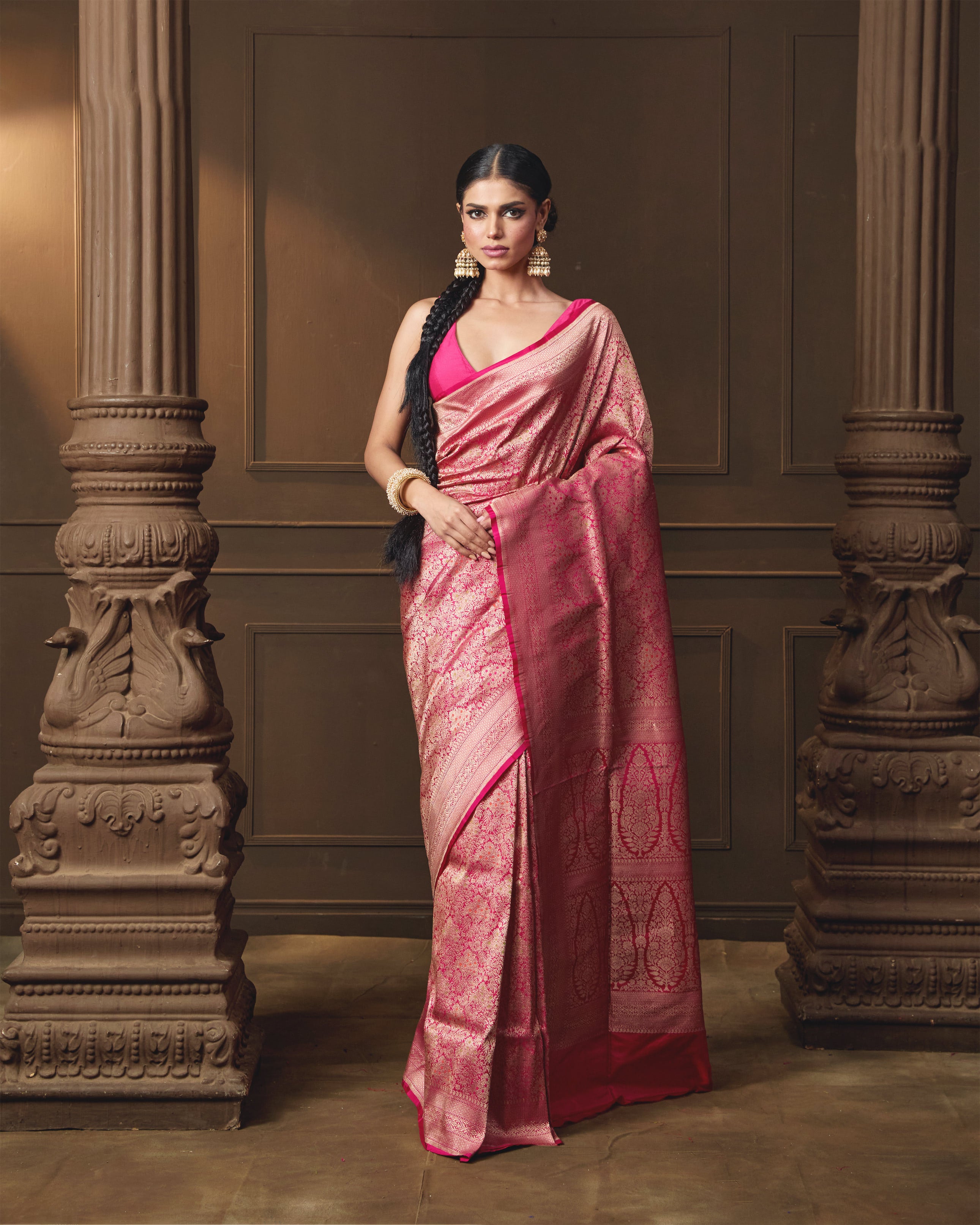 Pink Banarasi Silk Saree with Meenakari