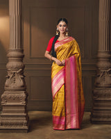 Mustard Banarasi Silk Saree with Self-Weaving & Contrast Red–Rani Border