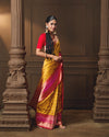 Mustard Banarasi Silk Saree with Self-Weaving & Contrast Red–Rani Border