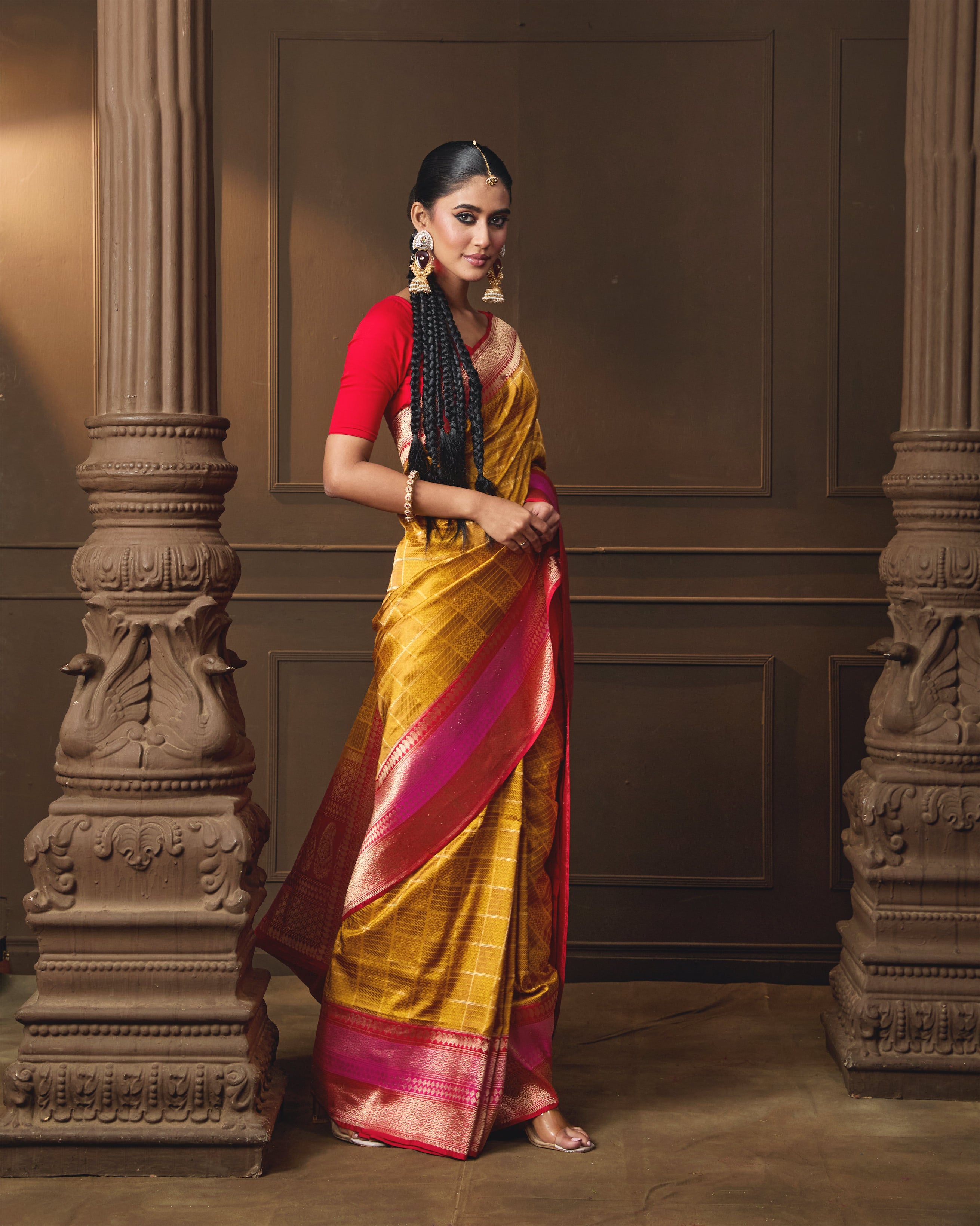 Mustard Banarasi Silk Saree with Self-Weaving & Contrast Red–Rani Border