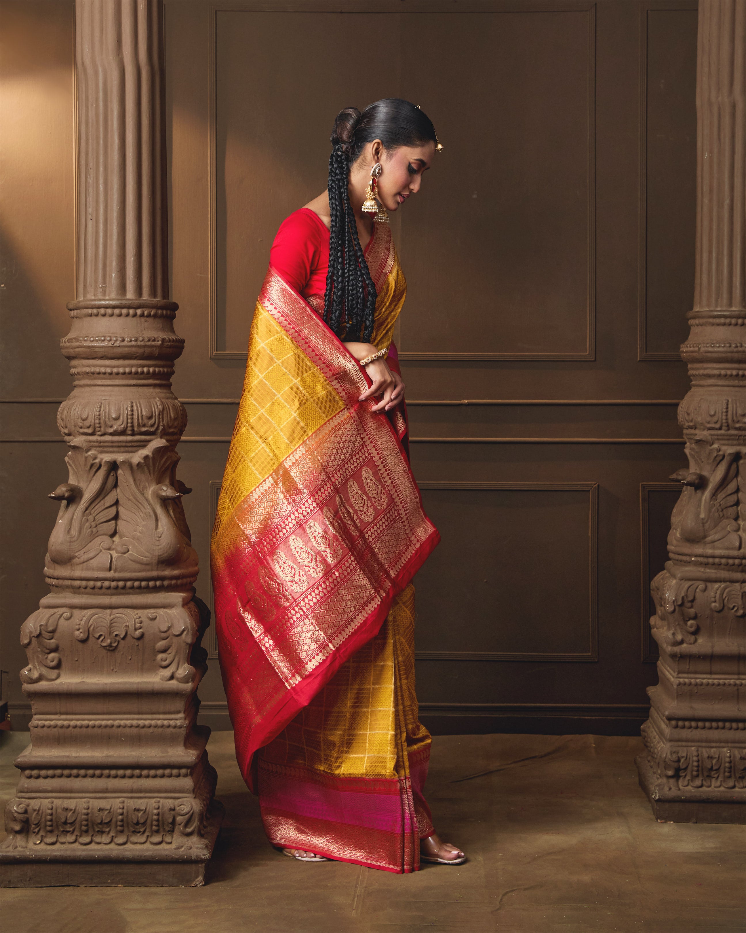 Mustard Banarasi Silk Saree with Self-Weaving & Contrast Red–Rani Border