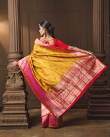 Mustard Banarasi Silk Saree with Self-Weaving & Contrast Red–Rani Border