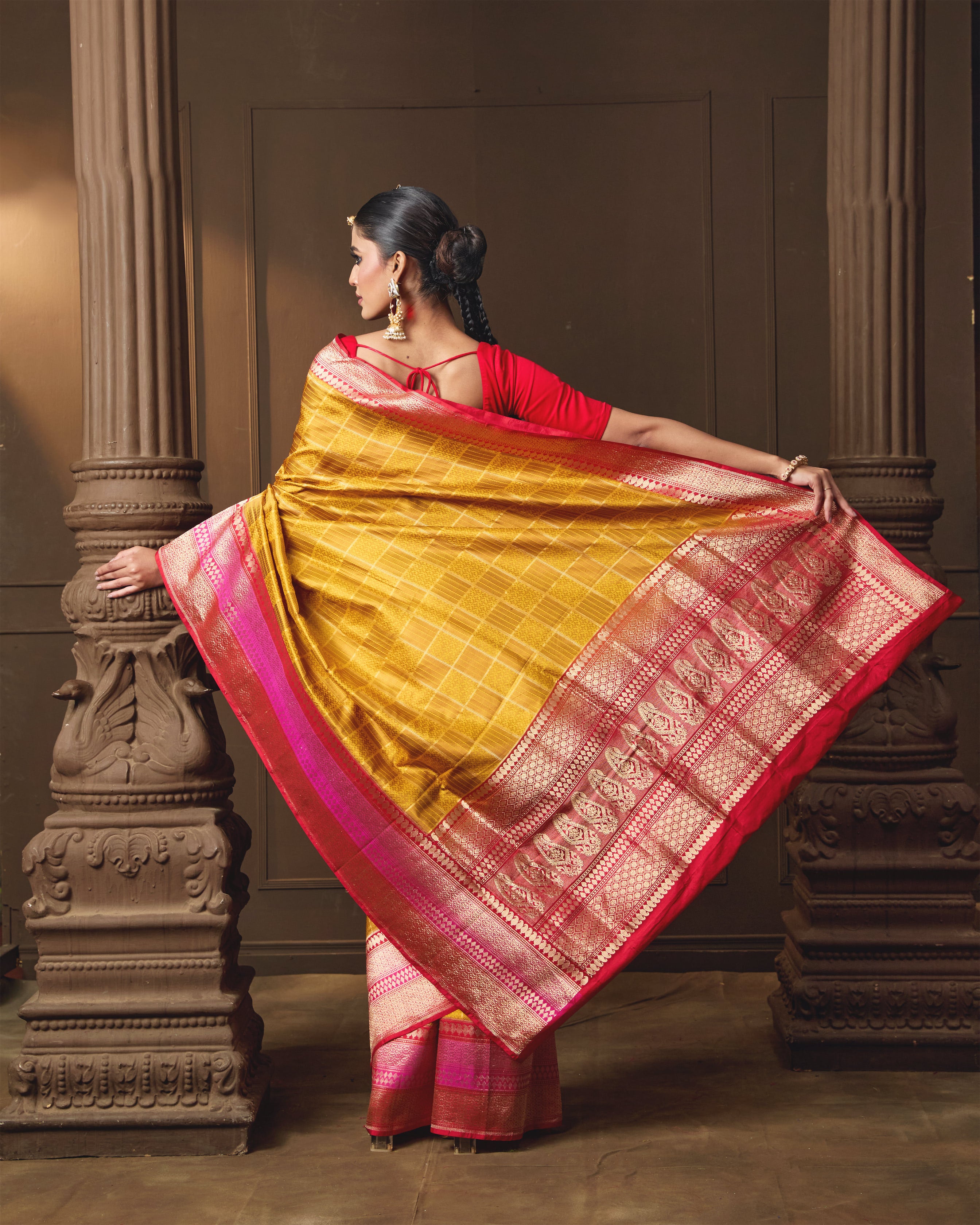 Mustard Banarasi Silk Saree with Self-Weaving & Contrast Red–Rani Border