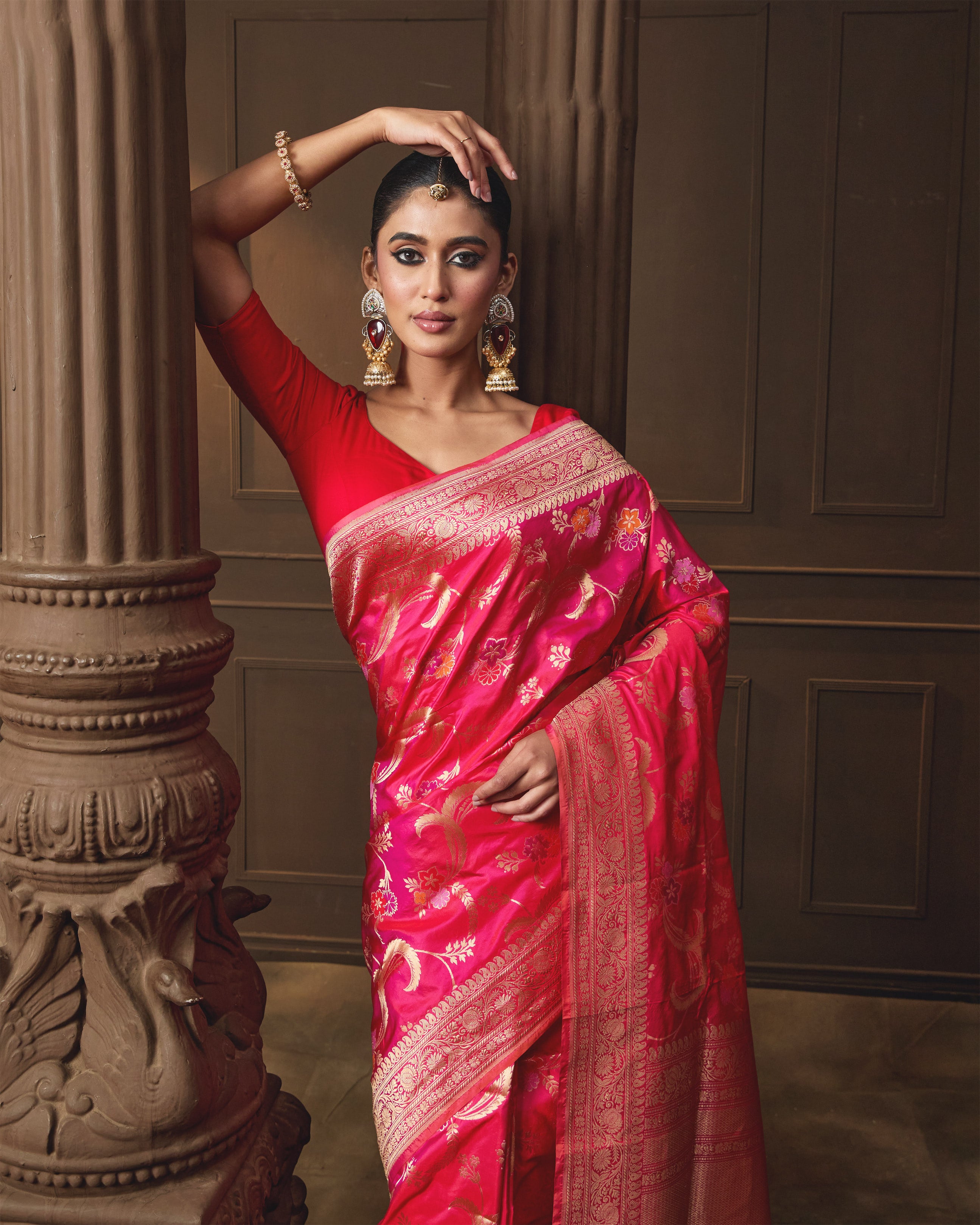 Pink Banarasi Silk Saree with Intricate Jaal& Multi Meena Weave