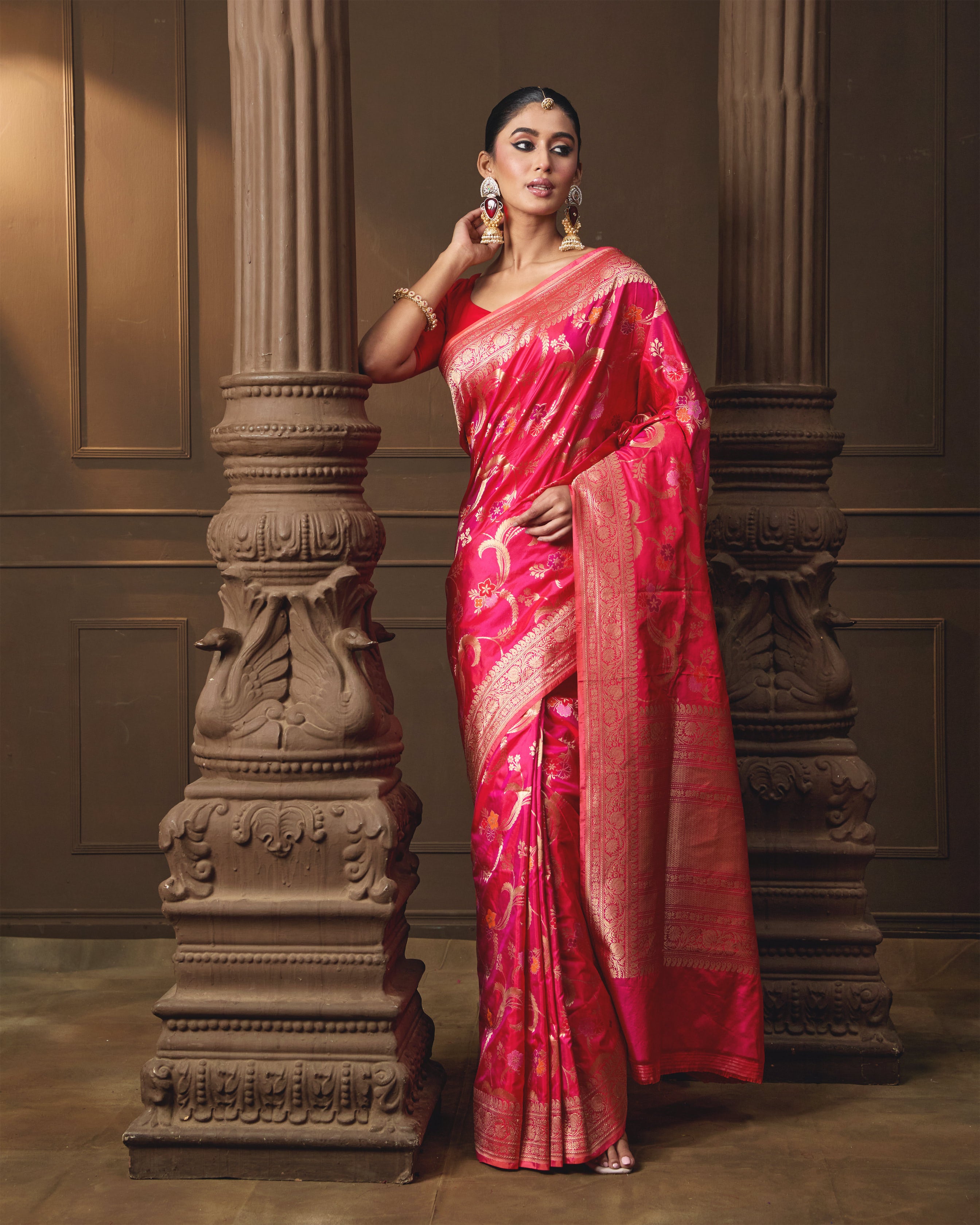Pink Banarasi Silk Saree with Intricate Jaal& Multi Meena Weave