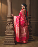 Pink Banarasi Silk Saree with Intricate Jaal& Multi Meena Weave