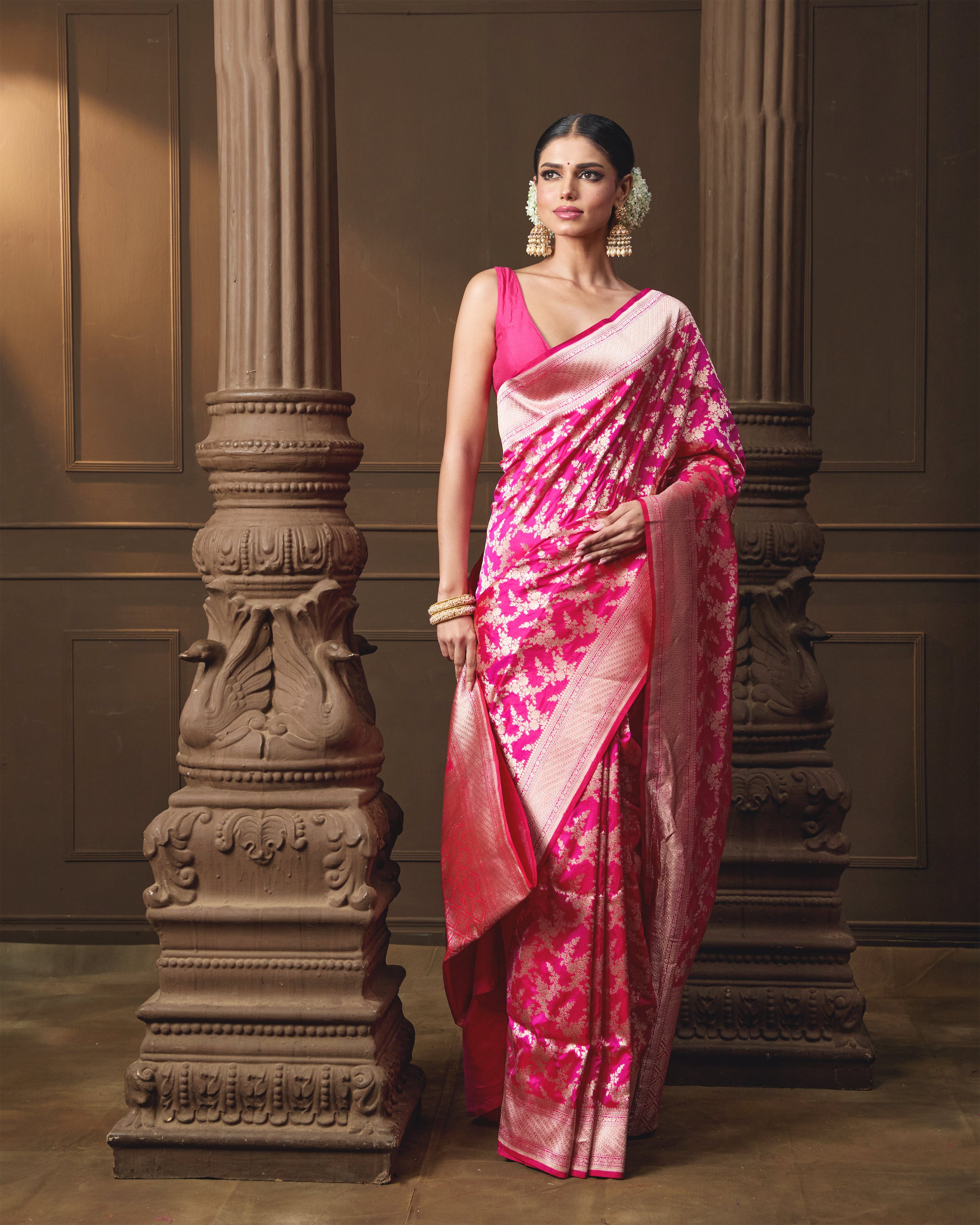 Pink Banarasi Silk Saree with Intricate Jaal Weave