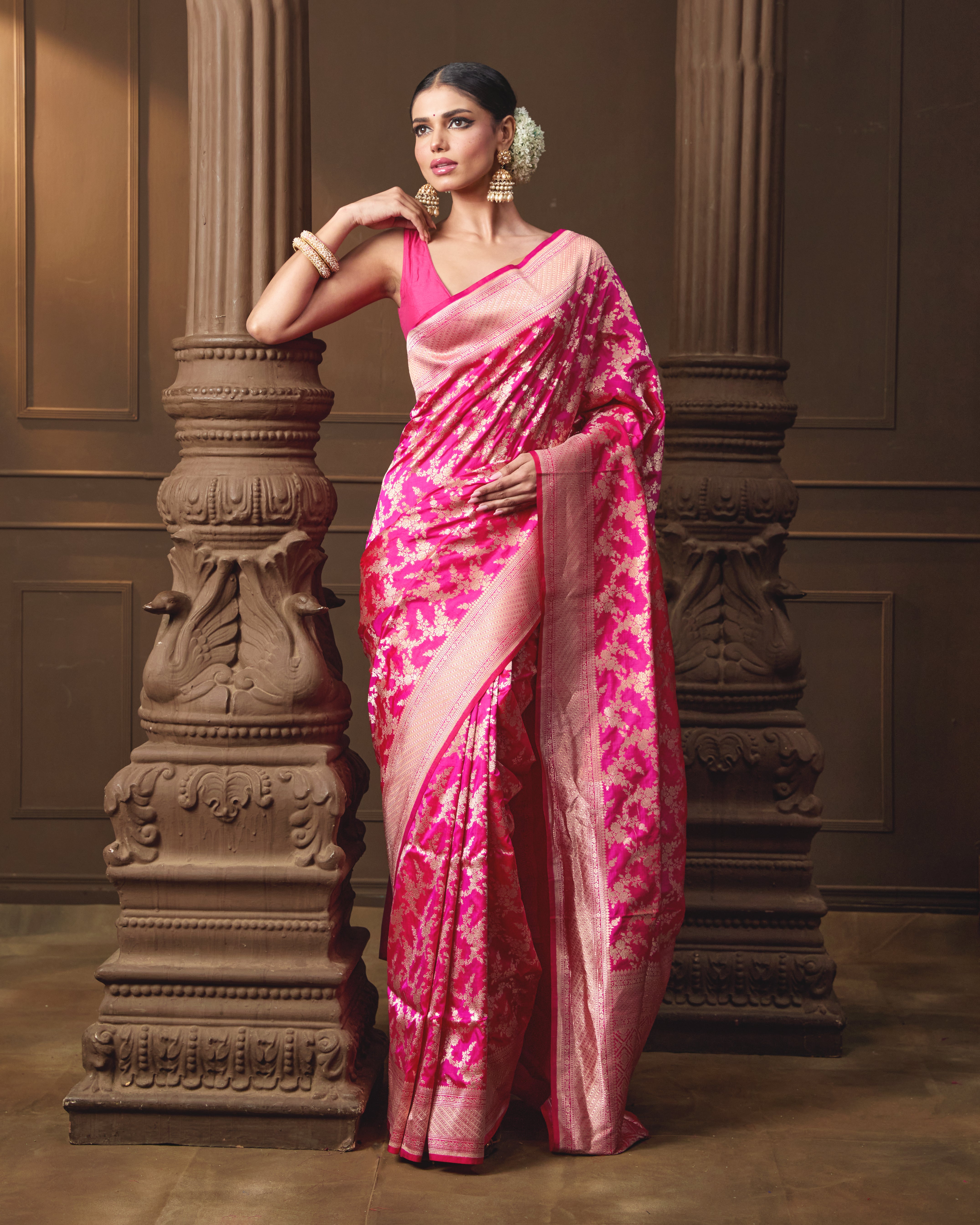 Pink Banarasi Silk Saree with Intricate Jaal Weave