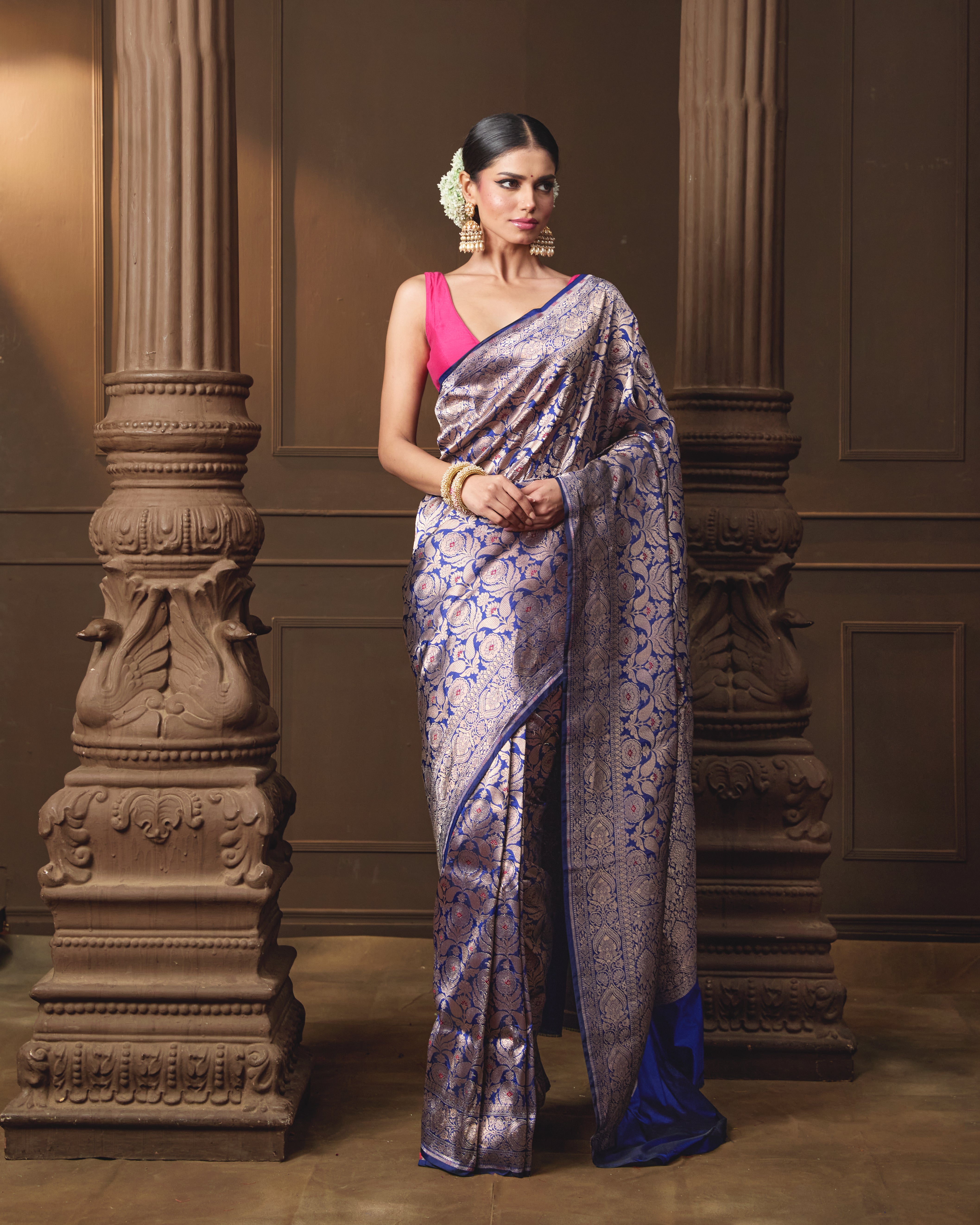 Royal Blue Banarasi Silk Saree with Rich Jaal Weave and Maroon Meena